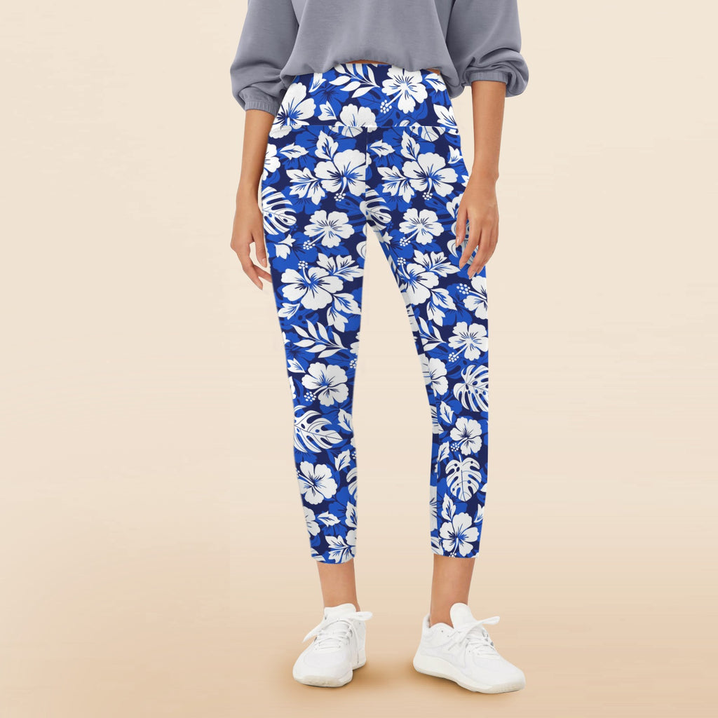 Blue Hawaiian Floral - Women's High Waist Pockets Yoga Leggings