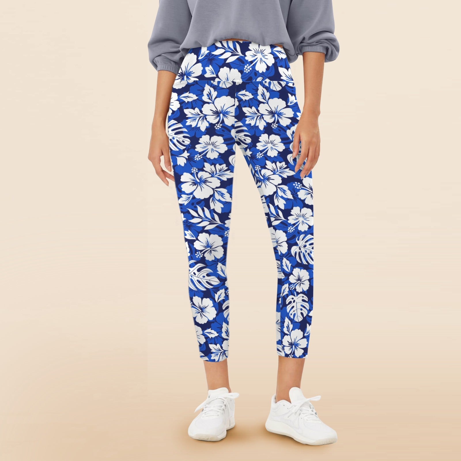 Blue Hawaiian Floral - Women's High Waist Pockets Yoga Leggings