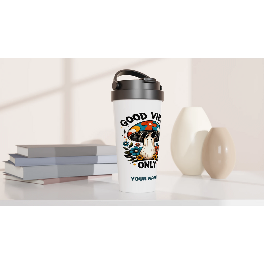 Personalised Good Vibes Only, Hippie Mushroom With Sunglasses White 15oz Stainless Steel Travel Mug Personalised Travel Mug Globally Fulfilled Positivity