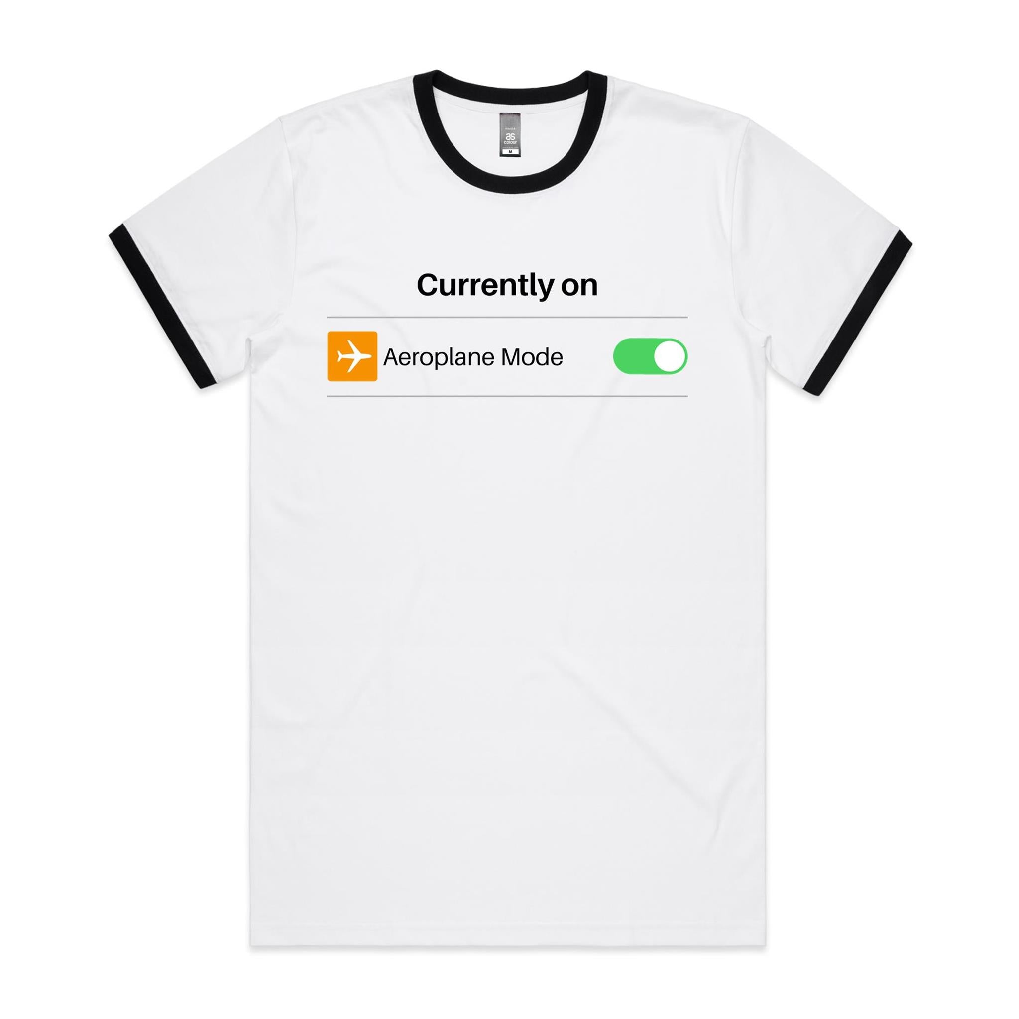 Currently On Aeroplane Mode - Staple Ringer Tee White Black Ringer T-Shirt Printed In Australia Tech