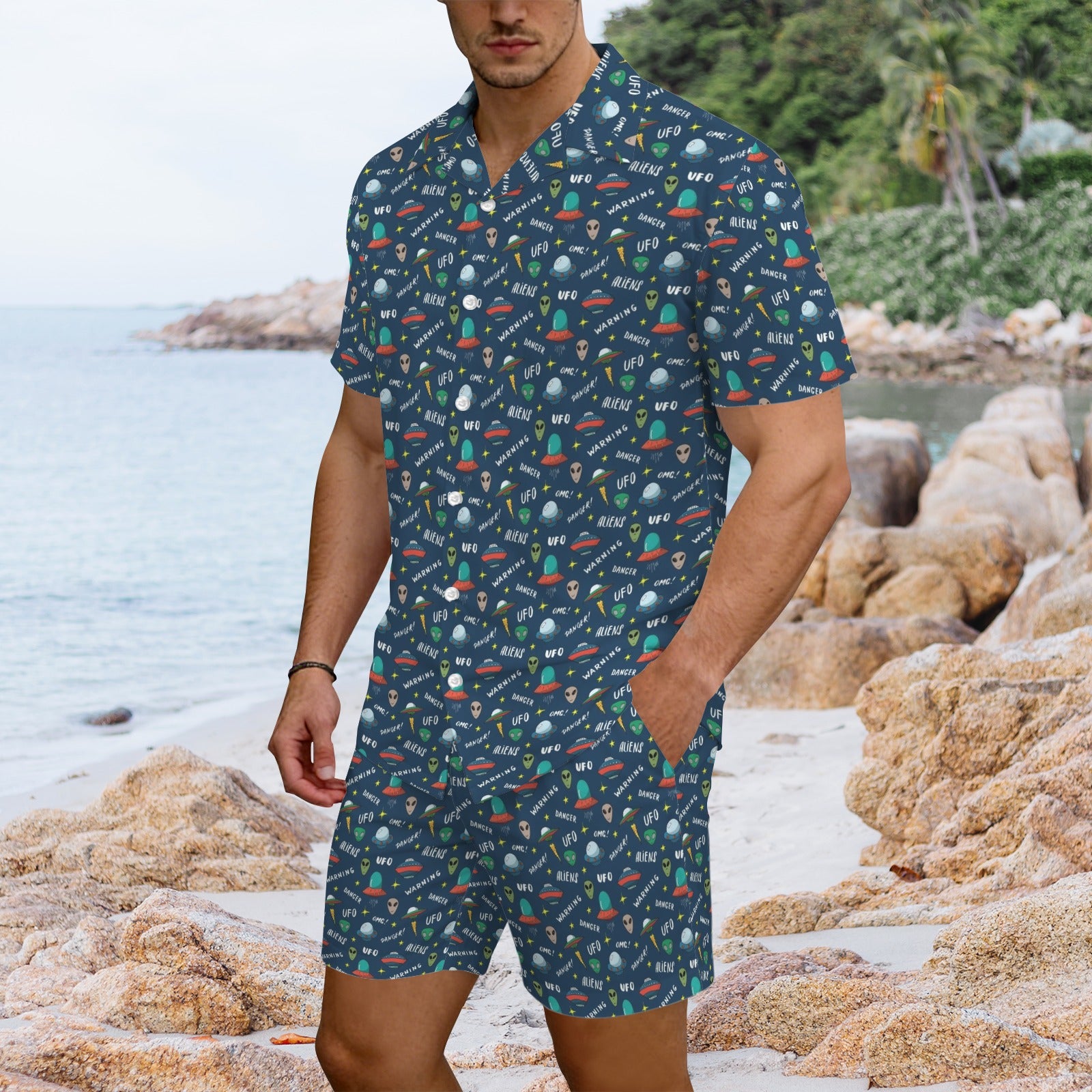 UFO's And Aliens Men's Hawaiian Shirt & Shorts Set Men's Hawaiian Shirt & Shorts Set Printed Offshore Sci Fi