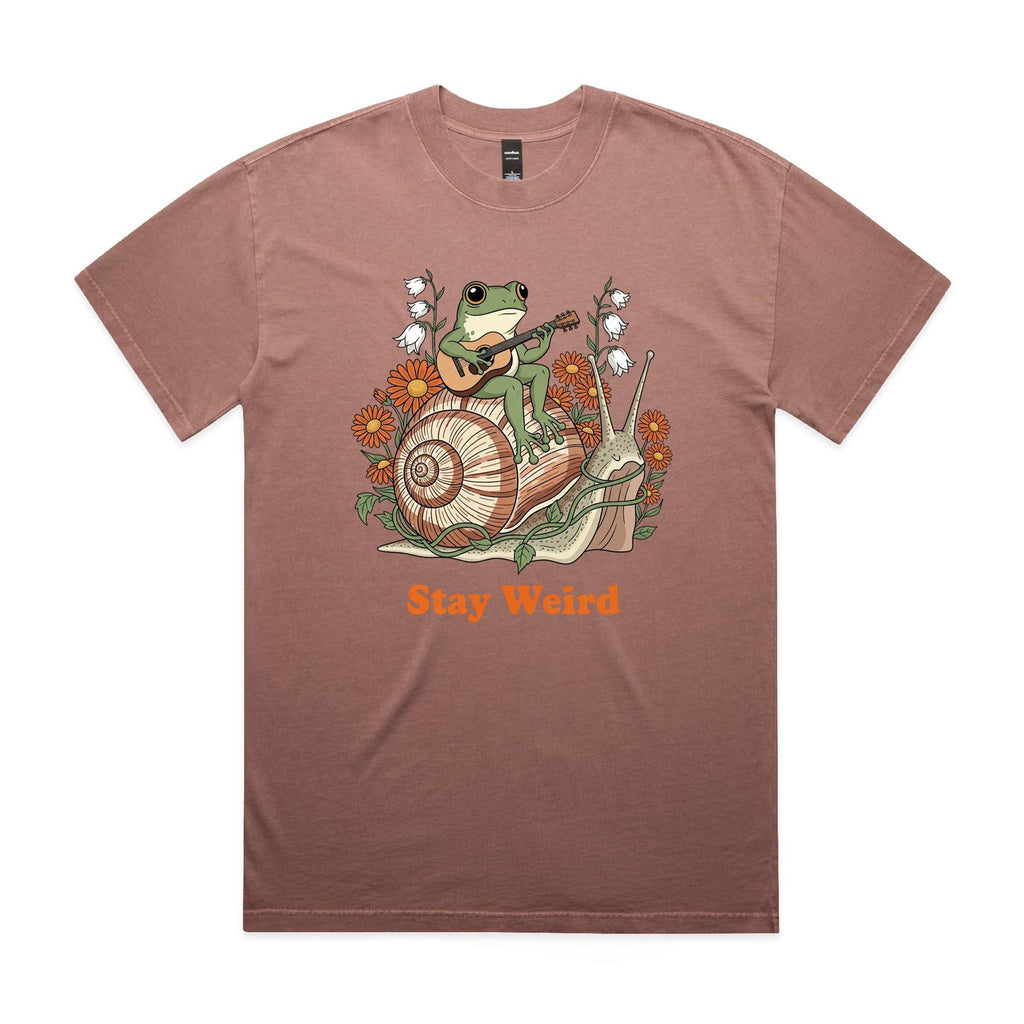 Stay Weird, Guitar Playing Frog On A Snail AS Colour Heavy Faded Tee Unisex Faded pink Heavy Faded T-shirt animal Music Printed In Australia