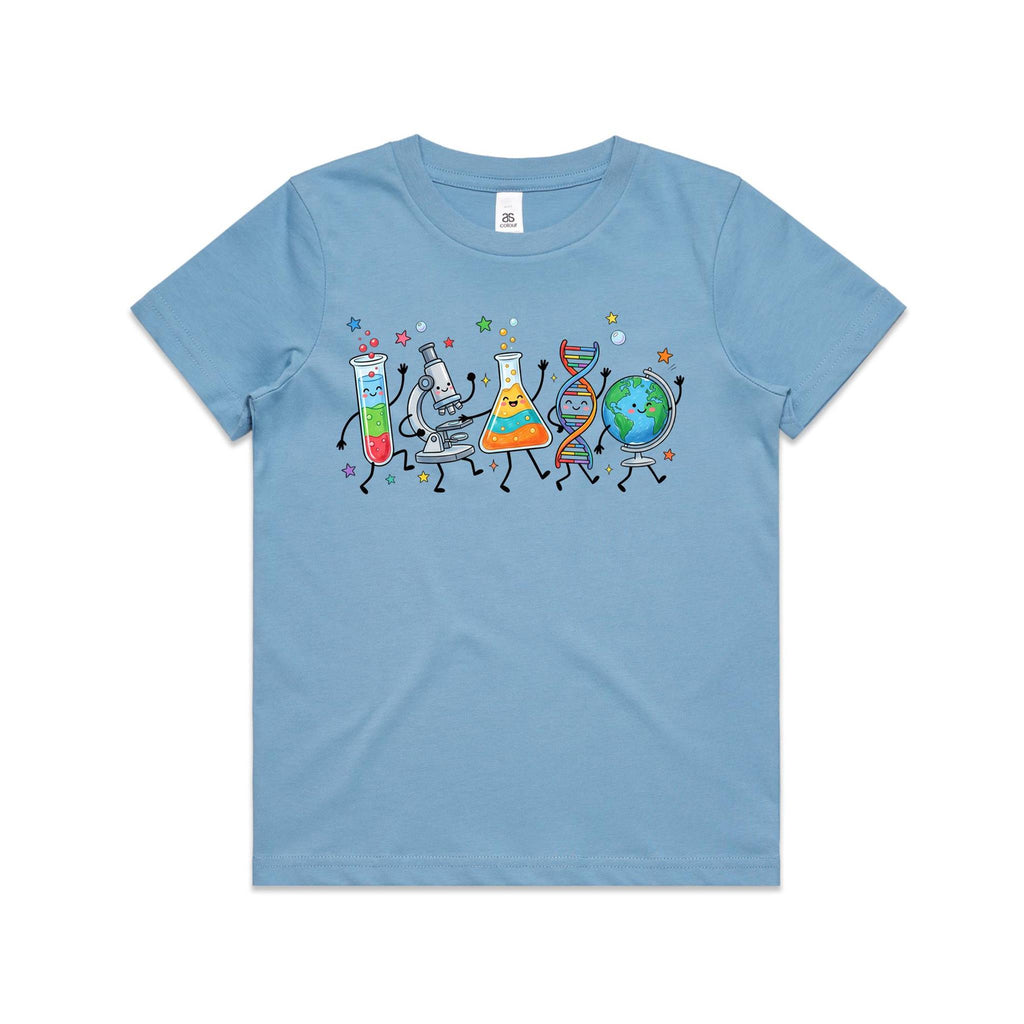Science Characters Kids AS Colour T-shirt Carolina Blue Kids Youth T-shirt Printed In Australia Science