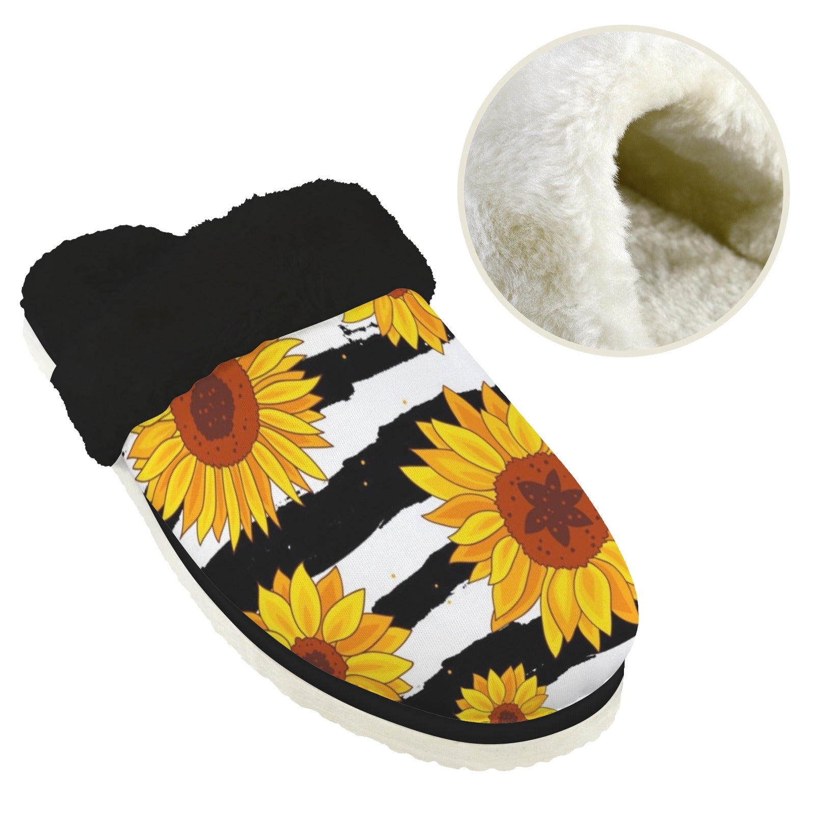 Sunflower Stripes Women's Fur Trim Thick-Sole Indoor Slippers Women's Fur Trimmed Slippers Plants Printed Offshore