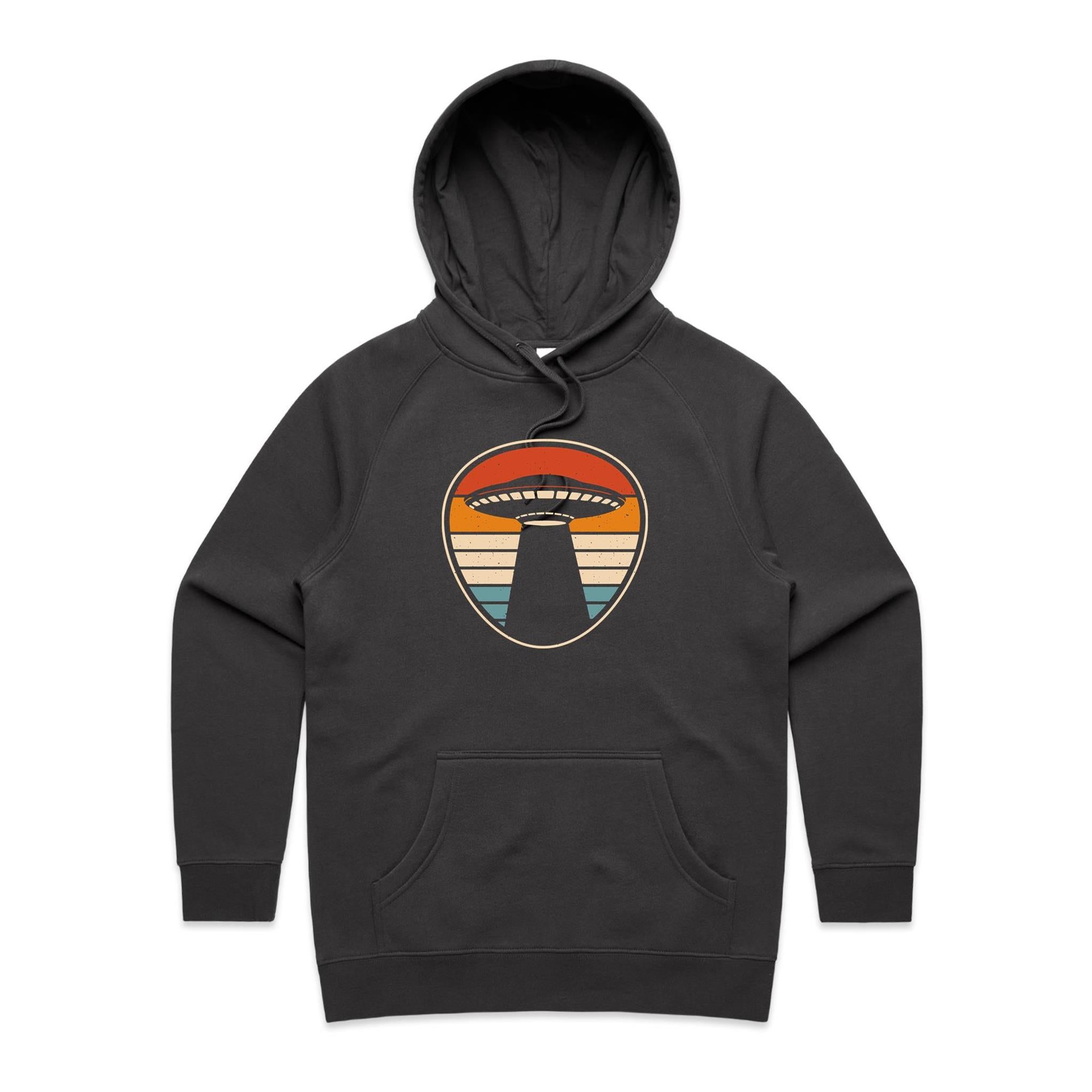 UFO, Retro Stripes - Womens Hoodie Coal Womens Hoodie Printed In Australia Sci Fi