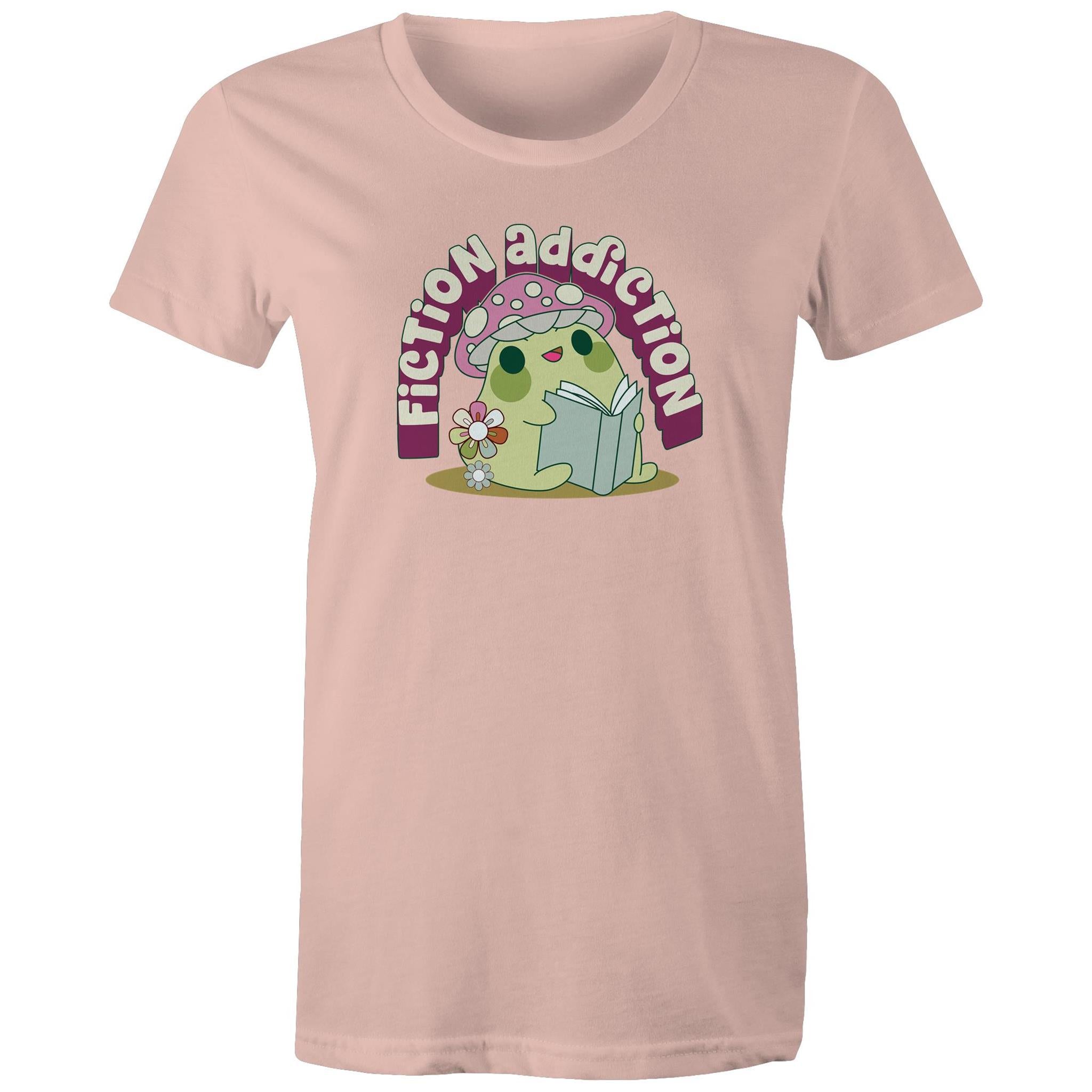 Fiction Addiction - Womens T-shirt Pale Pink Womens T-shirt Printed In Australia Reading