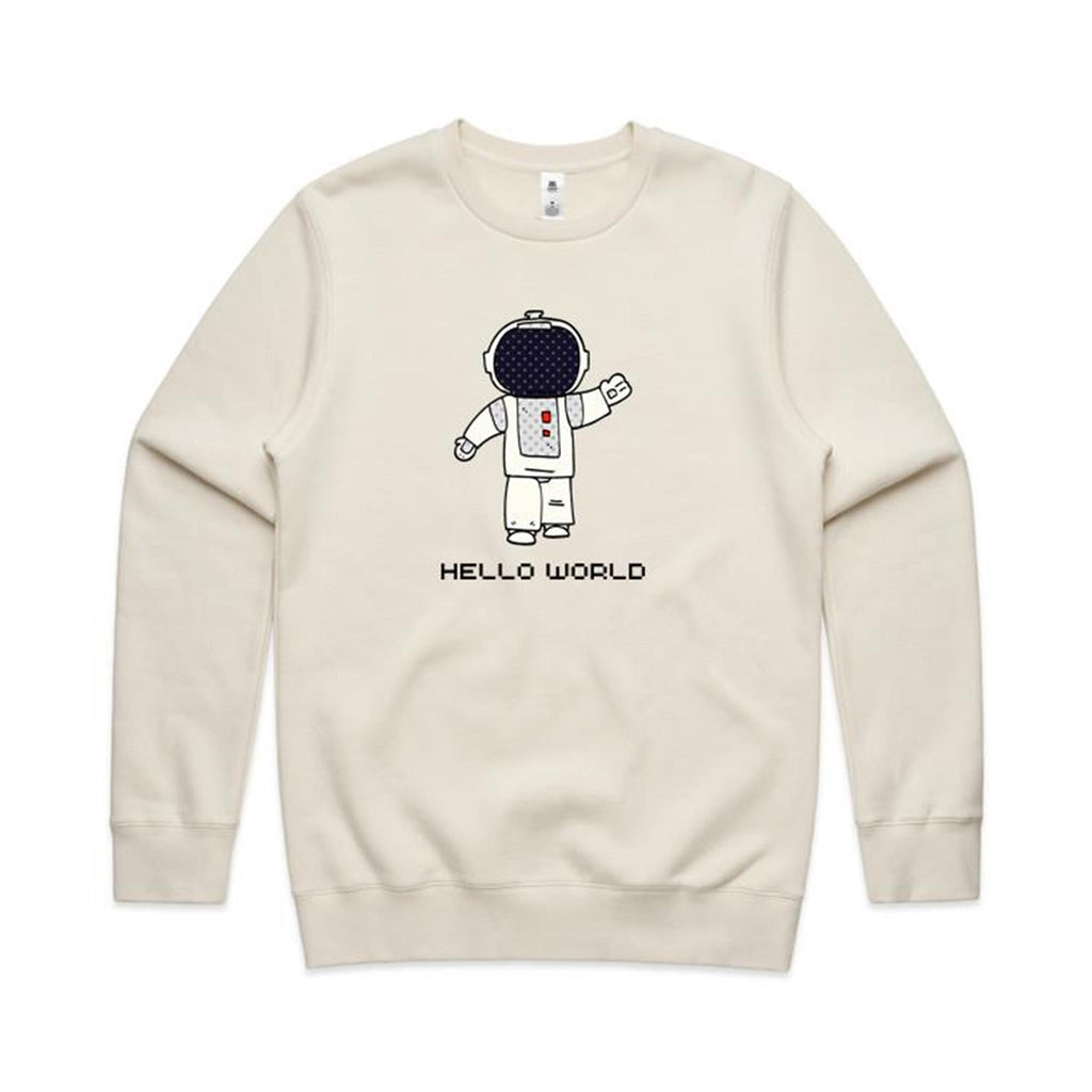 Astronaut, Hello World - AS Colour Stencil Crew Ecru Sweatshirt Printed In Australia Space