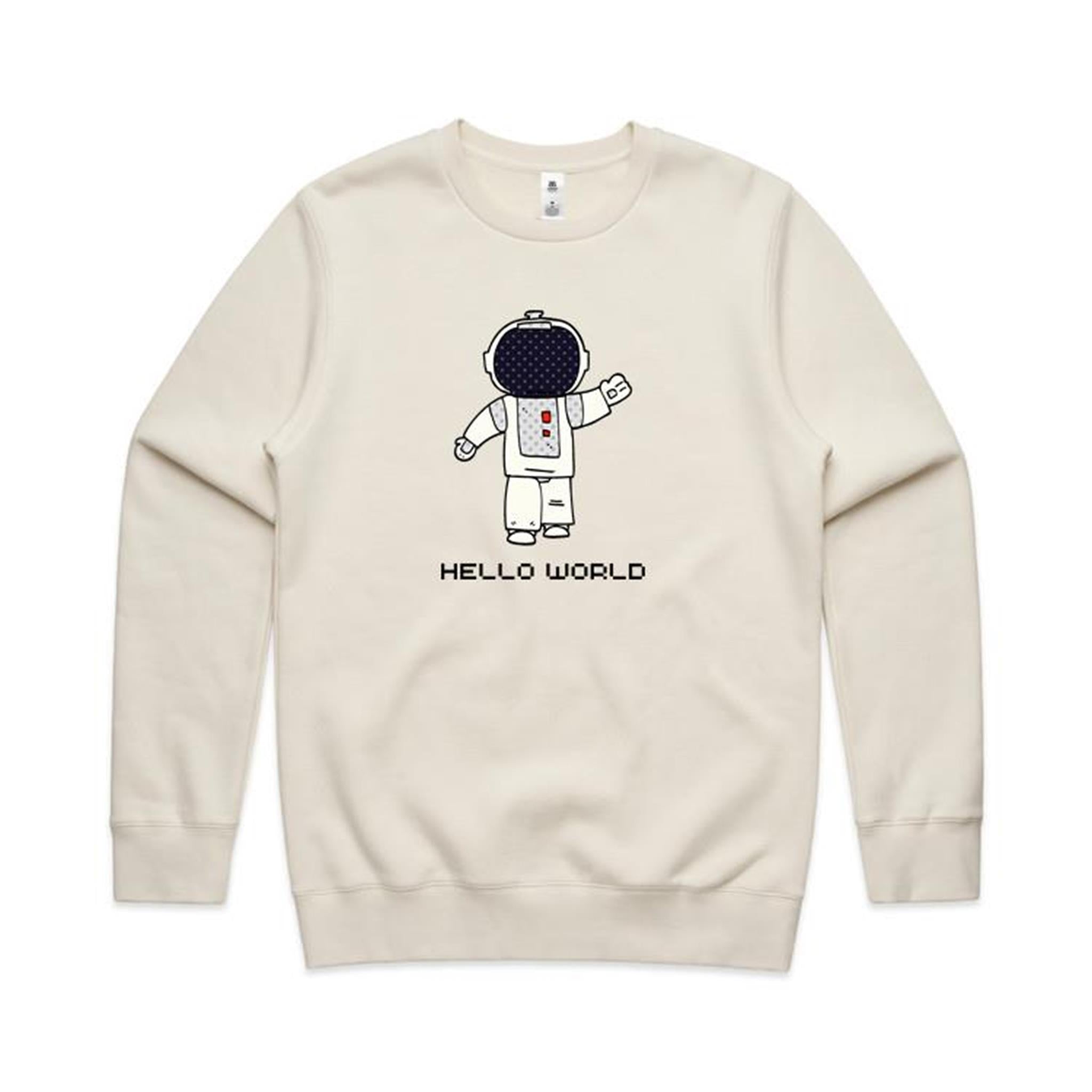 Astronaut, Hello World - AS Colour Stencil Crew Ecru Sweatshirt Printed In Australia Space