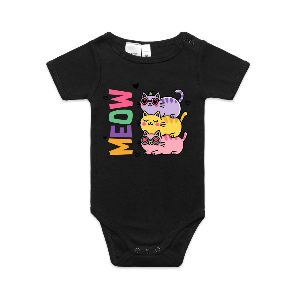 Meow, Colourful Cats AS Colour Baby Bodysuit Black Baby Bodysuit animal Printed In Australia