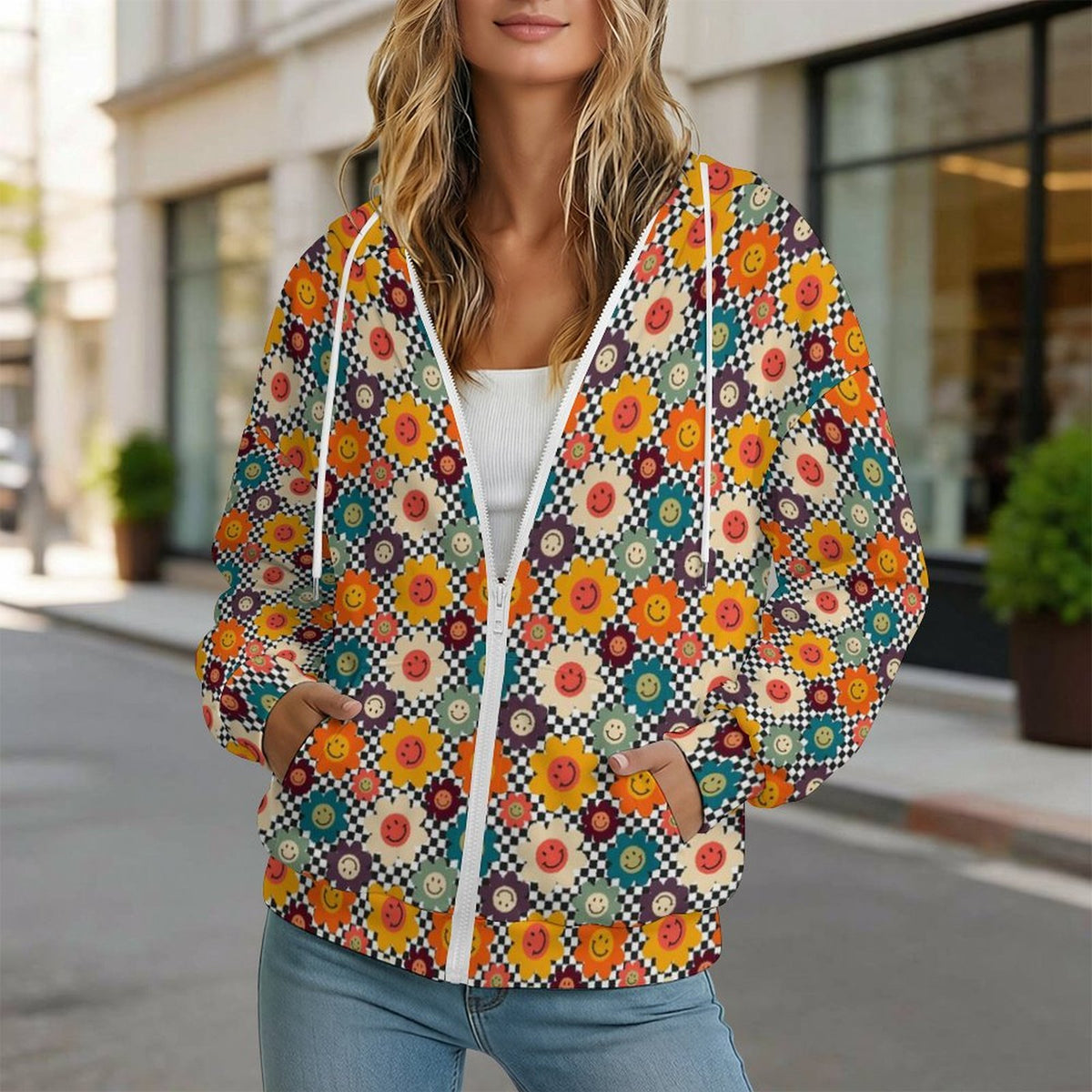 Happy Retro Flowers Women's Full-Zip Hoodie