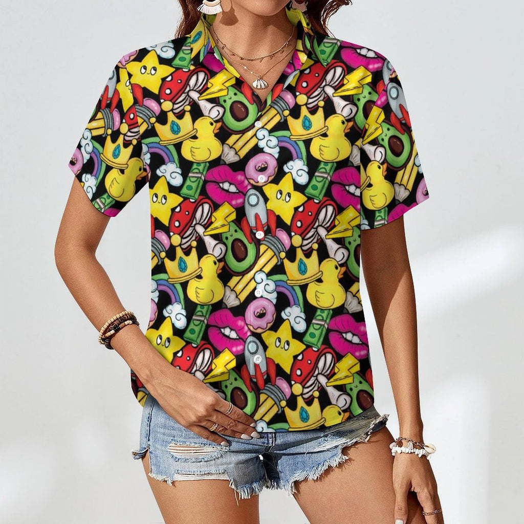 Bright And Cute Women's Collared Pocketless Short Sleeve Shirt
