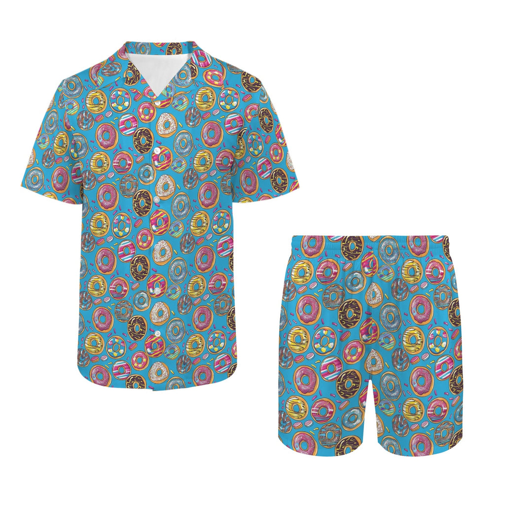 Doughnuts On Blue Men's Hawaiian Shirt & Shorts Set Men's Hawaiian Shirt & Shorts Set Food Printed Offshore