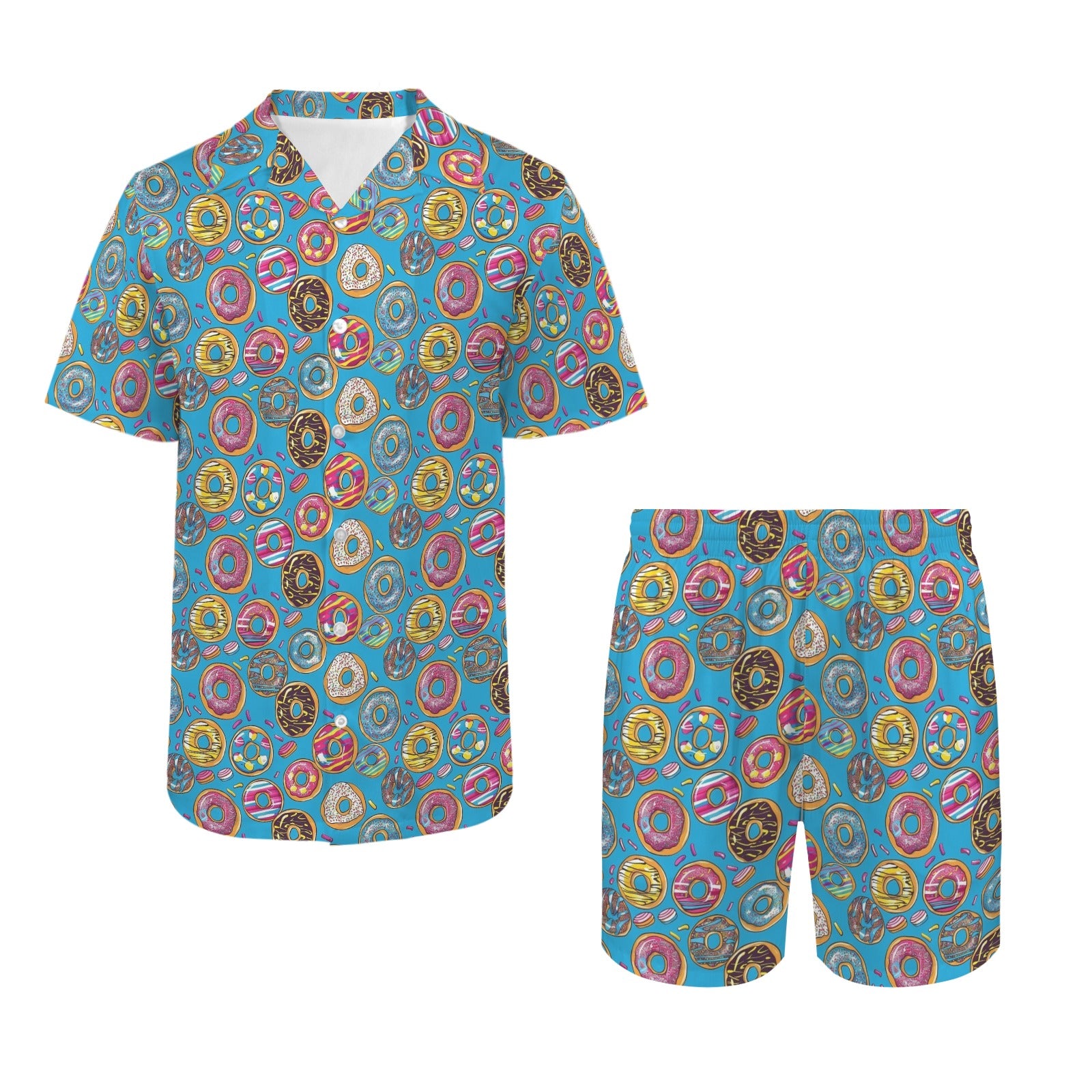 Doughnuts On Blue Men's Hawaiian Shirt & Shorts Set Men's Hawaiian Shirt & Shorts Set Food Printed Offshore