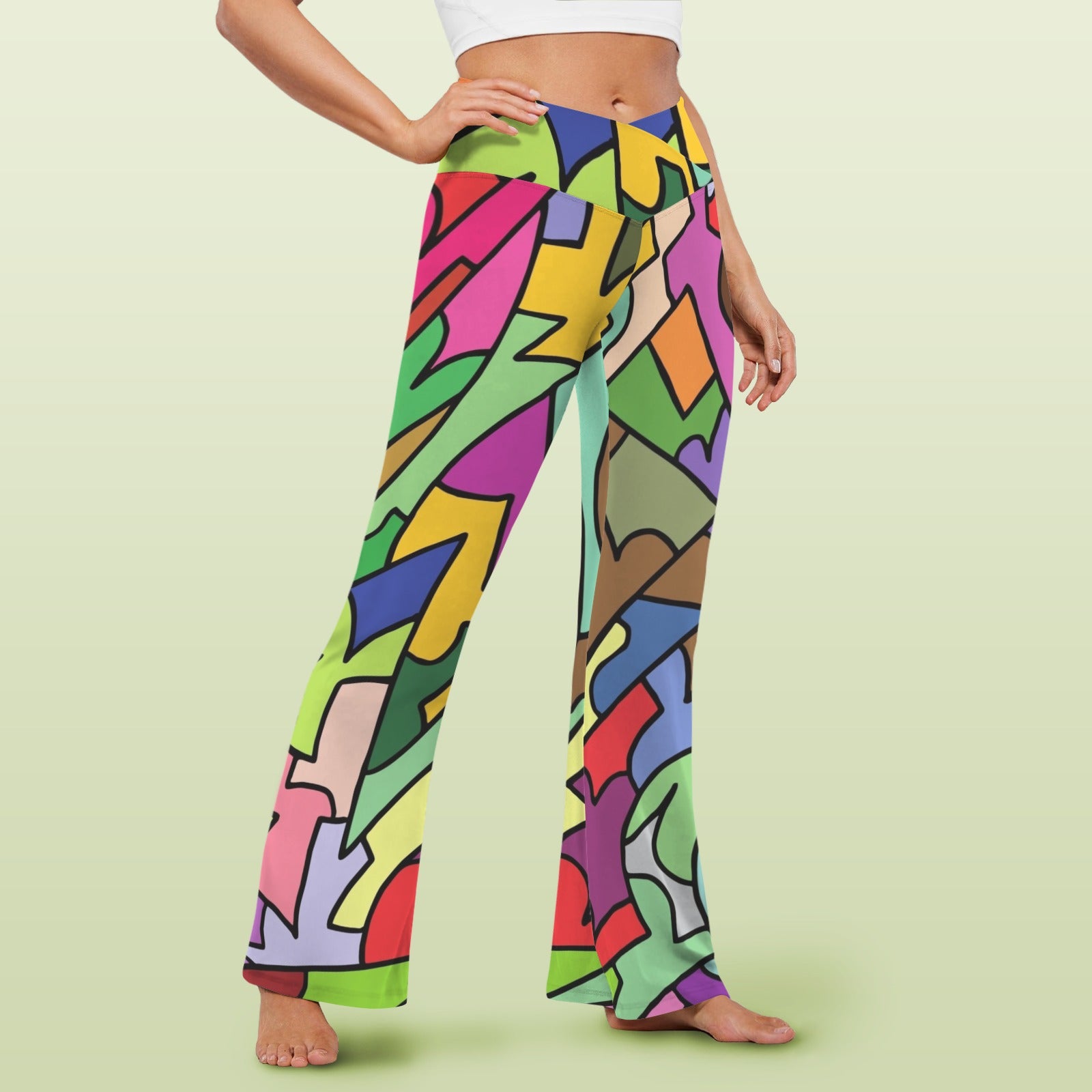 Bright Abstract Colour High Waist Crossover Tummy Control Flare Leggings High Waist Flare Leggings Printed Offshore