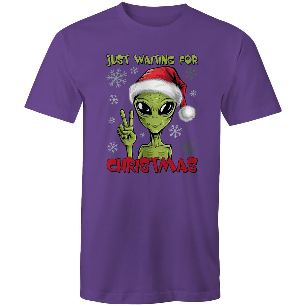 Just Waiting For Christmas, Alien - Mens T-Shirt Purple Mens Christmas T-shirt Christmas Printed In Australia