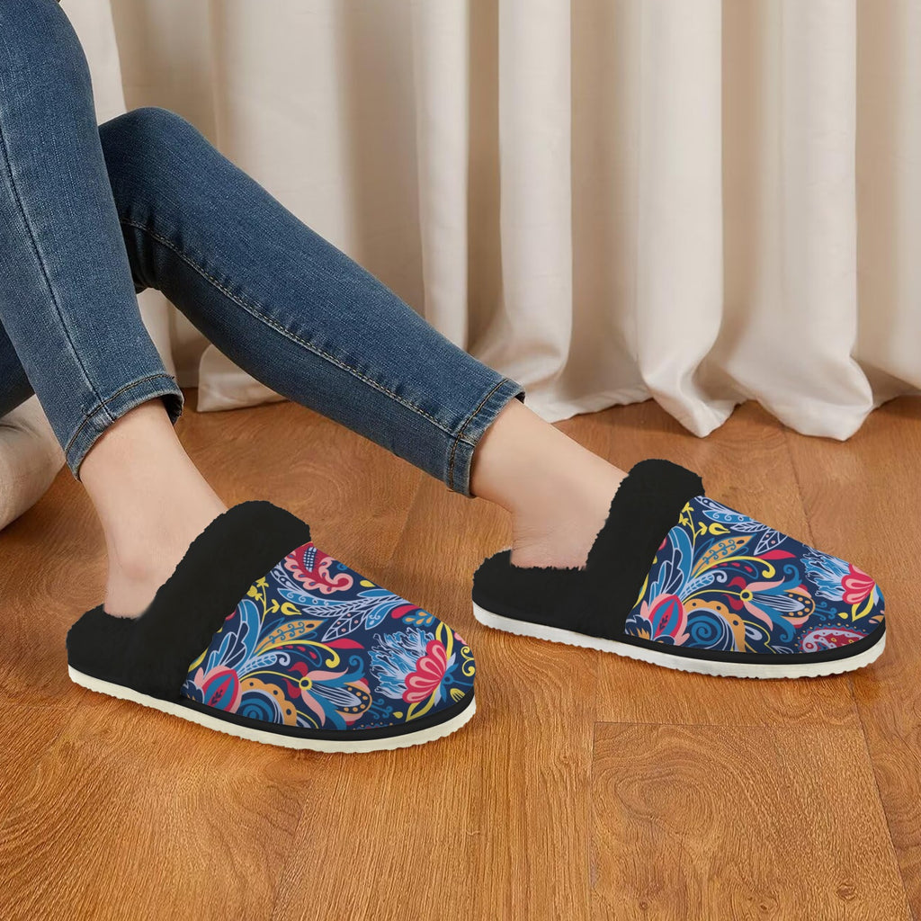 Blue Paisley Women's Fur Trim Thick-Sole Indoor Slippers Women's Fur Trimmed Slippers Printed Offshore