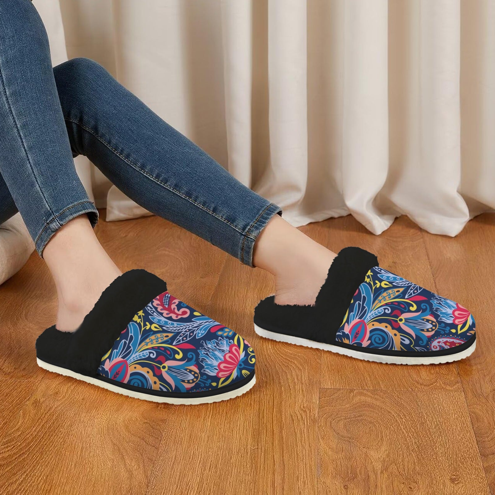 Blue Paisley Women's Fur Trim Thick-Sole Indoor Slippers Women's Fur Trimmed Slippers Printed Offshore