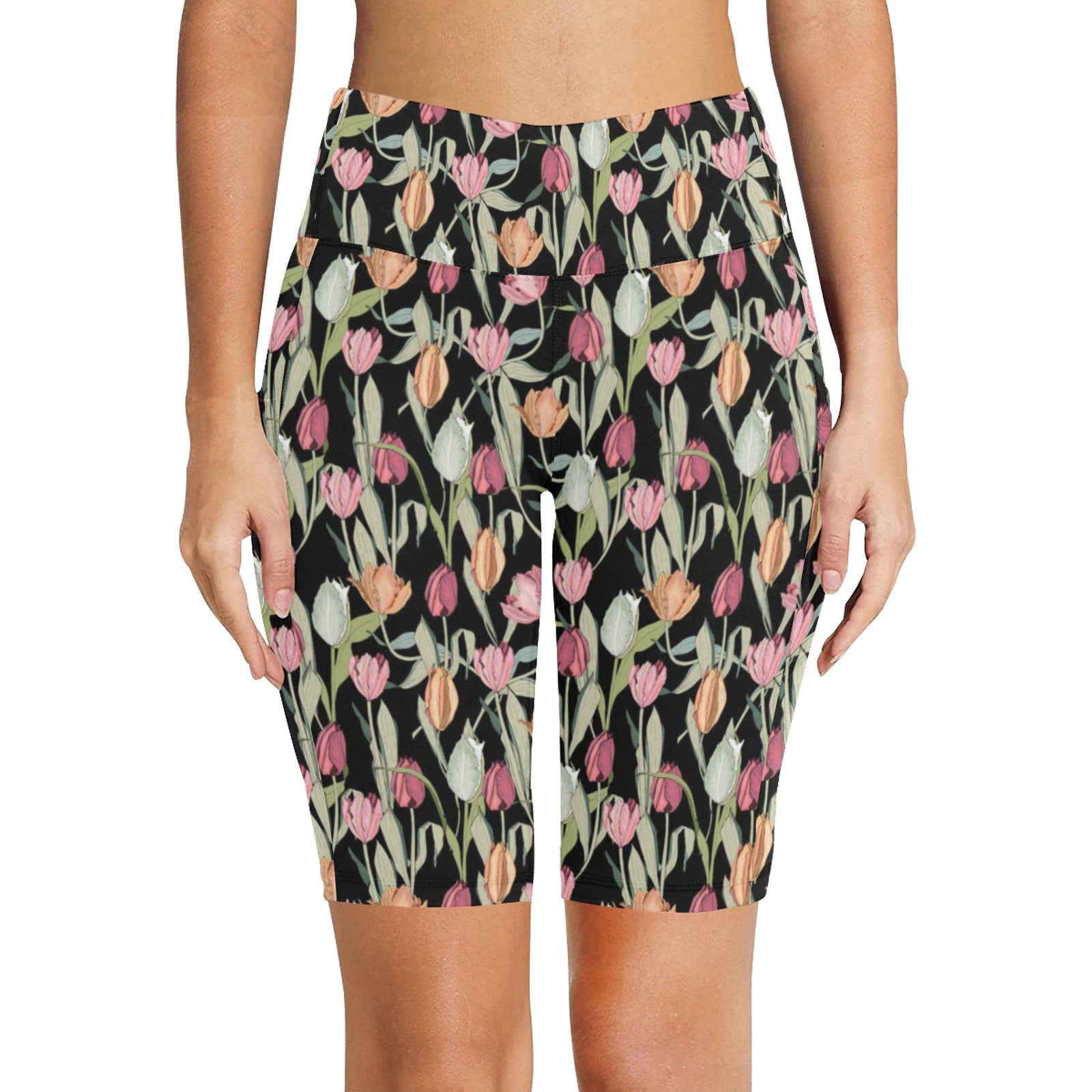 Tulips Women's Bike Shorts With Side Pockets Women's Bike Shorts Plants Printed Offshore