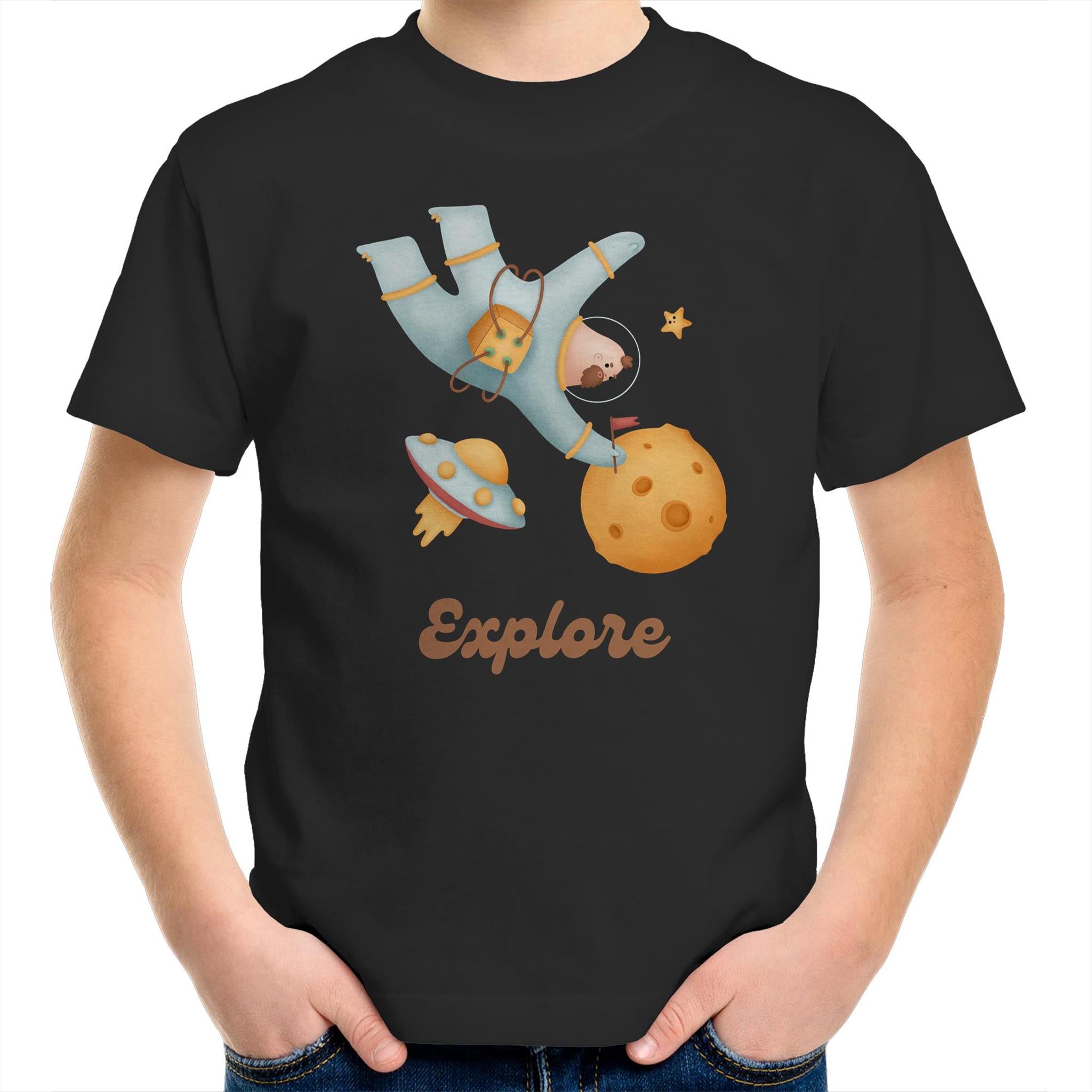 Explore Space - Kids Youth T-Shirt Black Kids Youth T-shirt Printed In Australia Space