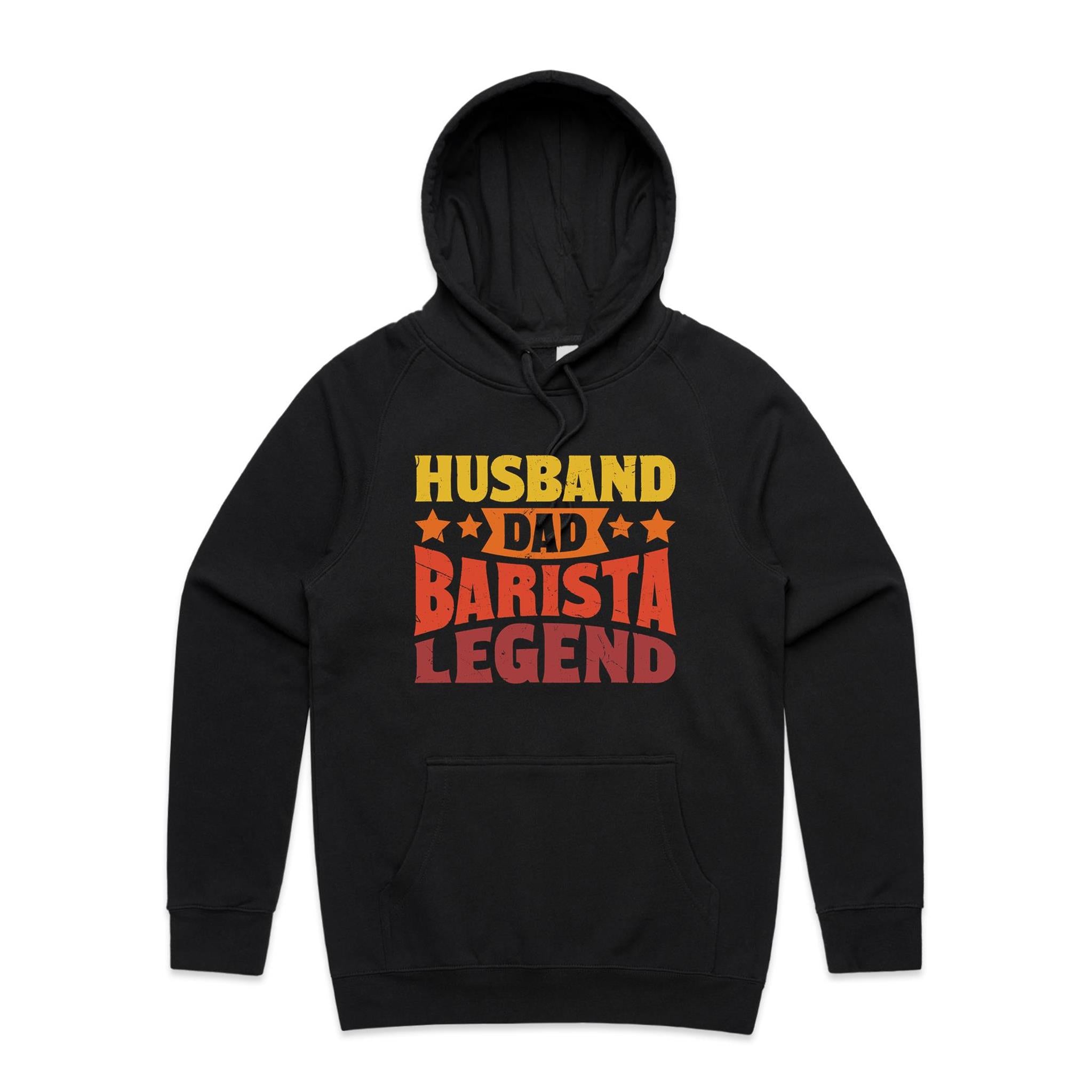 Husband, Dad Barista, Legend Men's AS Colour Hoodie Black Mens Hoodie Coffee Dad Printed In Australia