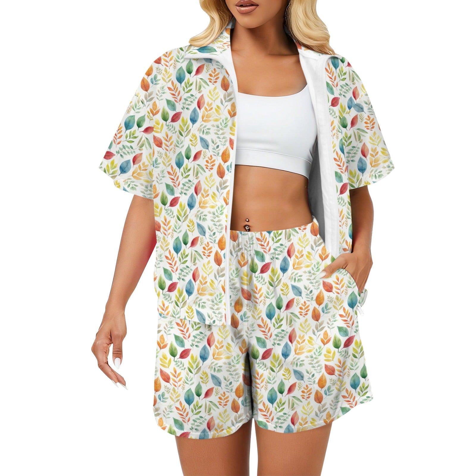 Autumn Leaves Women's Windbreaker Short Set 2XL Women's Windbreaker Short Set Plants Printed Offshore