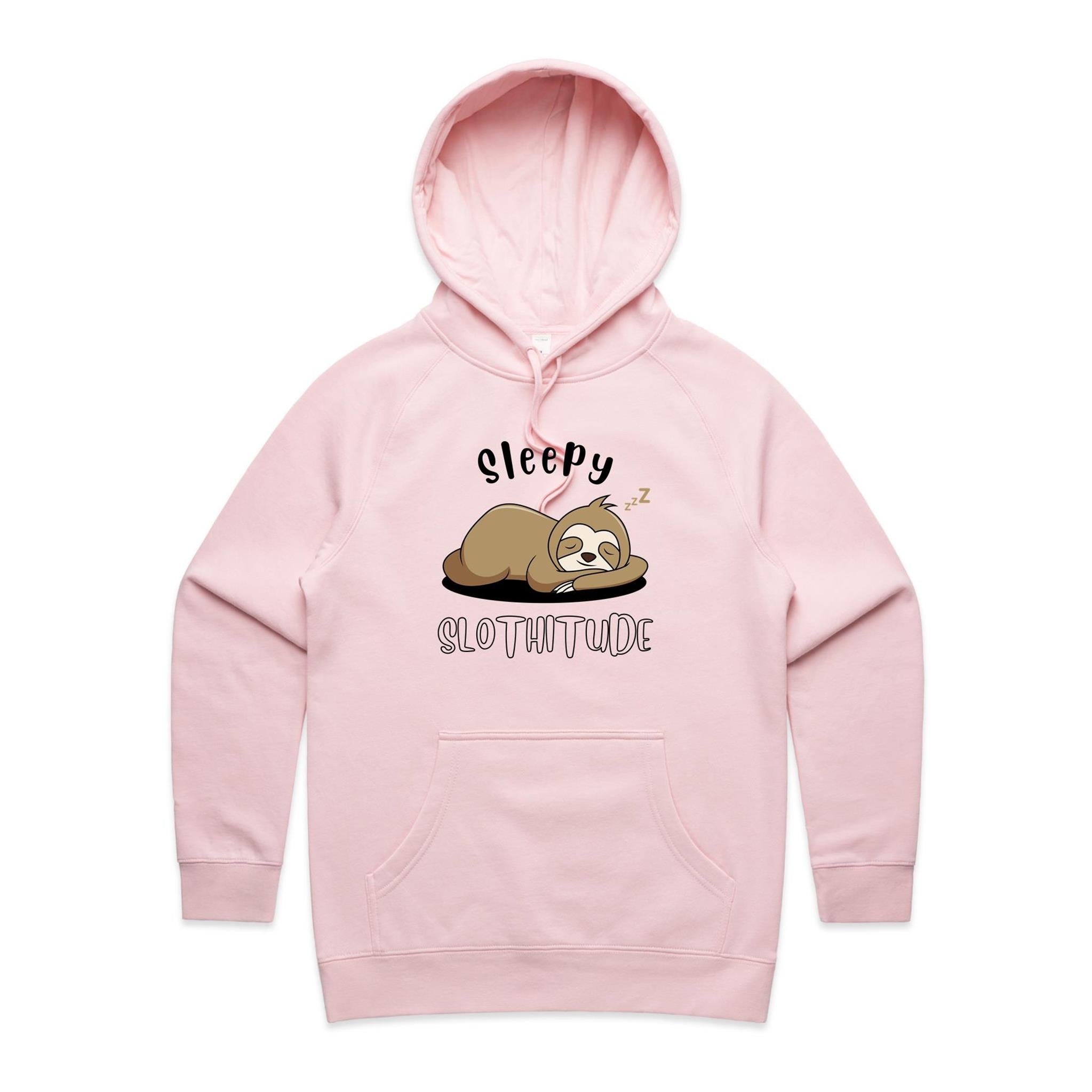 Sleepy Slothitude - Womens Hoodie Pink Womens Hoodie animal Printed In Australia