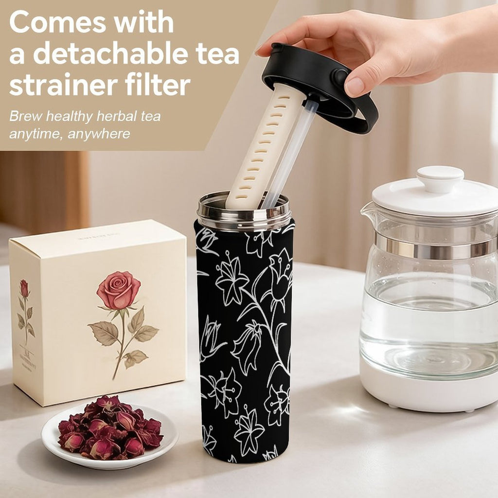 Black And White Floral 20oz Tea Tumbler with Carry Handle