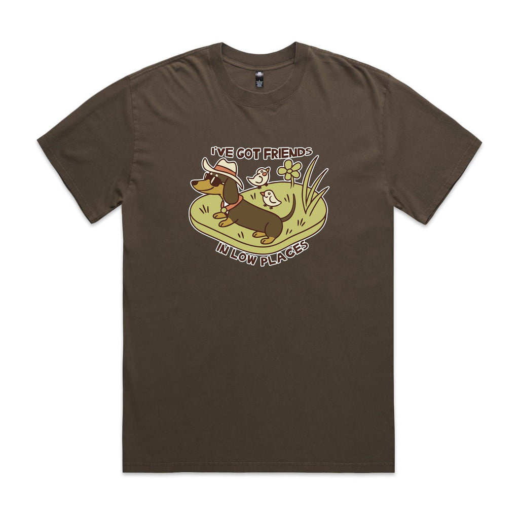 Dachshund, I've Got Friends In Low Places AS Colour Heavy Faded Tee Unisex Faded brown Heavy Faded T-shirt animal Printed In Australia