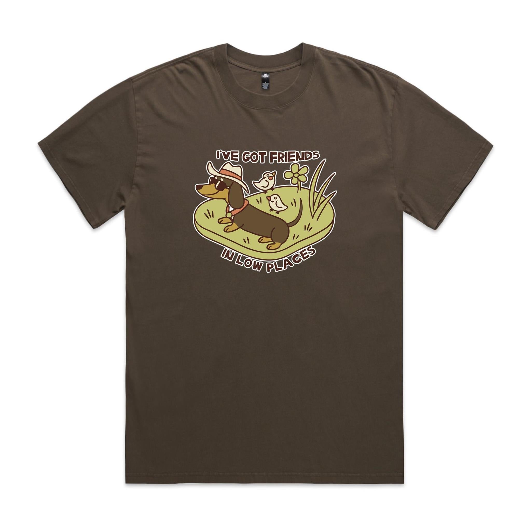 Dachshund, I've Got Friends In Low Places AS Colour Heavy Faded Tee Unisex Faded brown Heavy Faded T-shirt animal Printed In Australia
