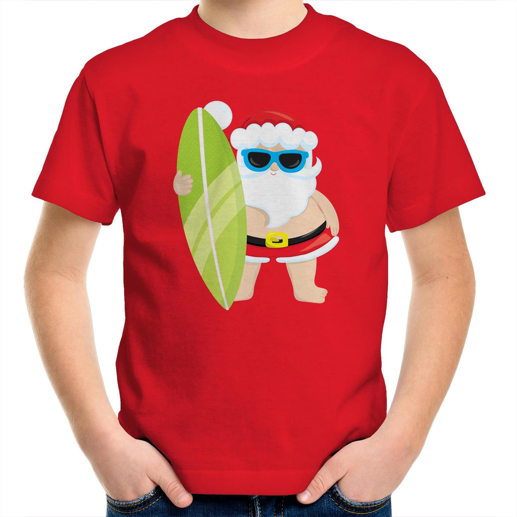 Surf Summer Santa - Kids Youth T-Shirt Red Kids Christmas T-shirt Christmas Printed In Australia