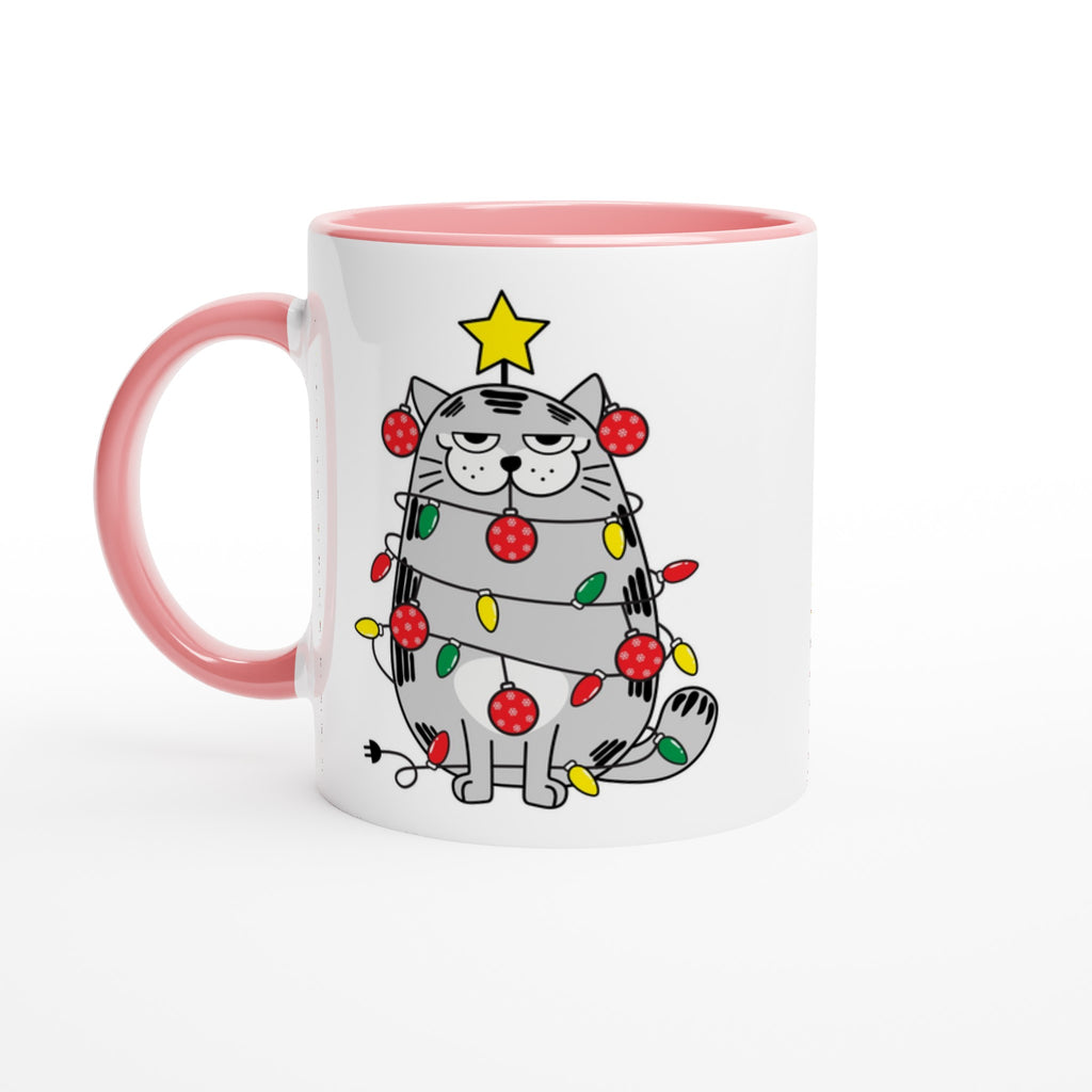 Christmas Cat - White 11oz Ceramic Mug with Colour Inside Ceramic Pink Christmas Colour Mug Christmas Globally Fulfilled