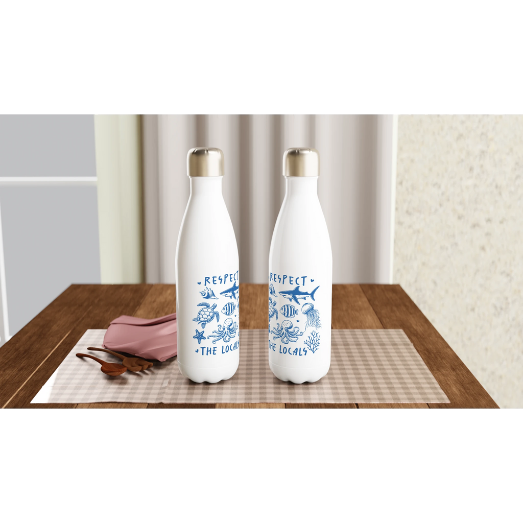 Respect The Locals, Sea Life - White 17oz Stainless Steel Water Bottle White Water Bottle animal Globally Fulfilled Ocean Surf