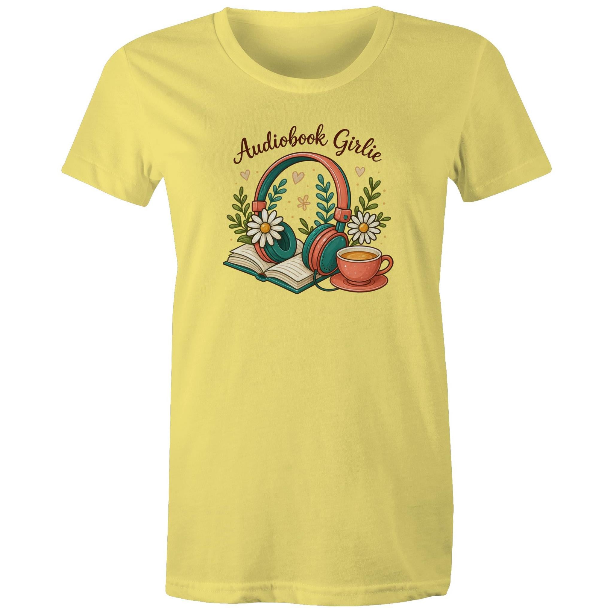 Audiobook Girlie - Womens T-shirt Yellow Womens T-shirt Printed In Australia Reading