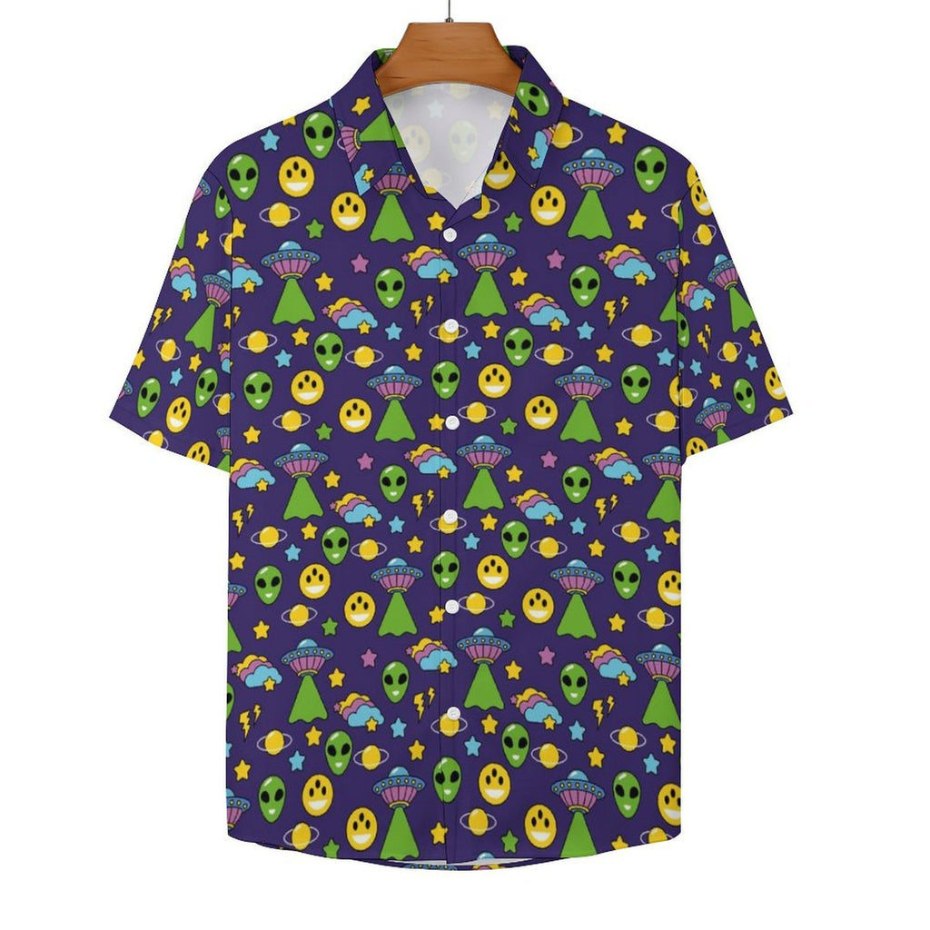 Groovy Alien And UFO Women's Collared Pocketless Short Sleeve Shirt