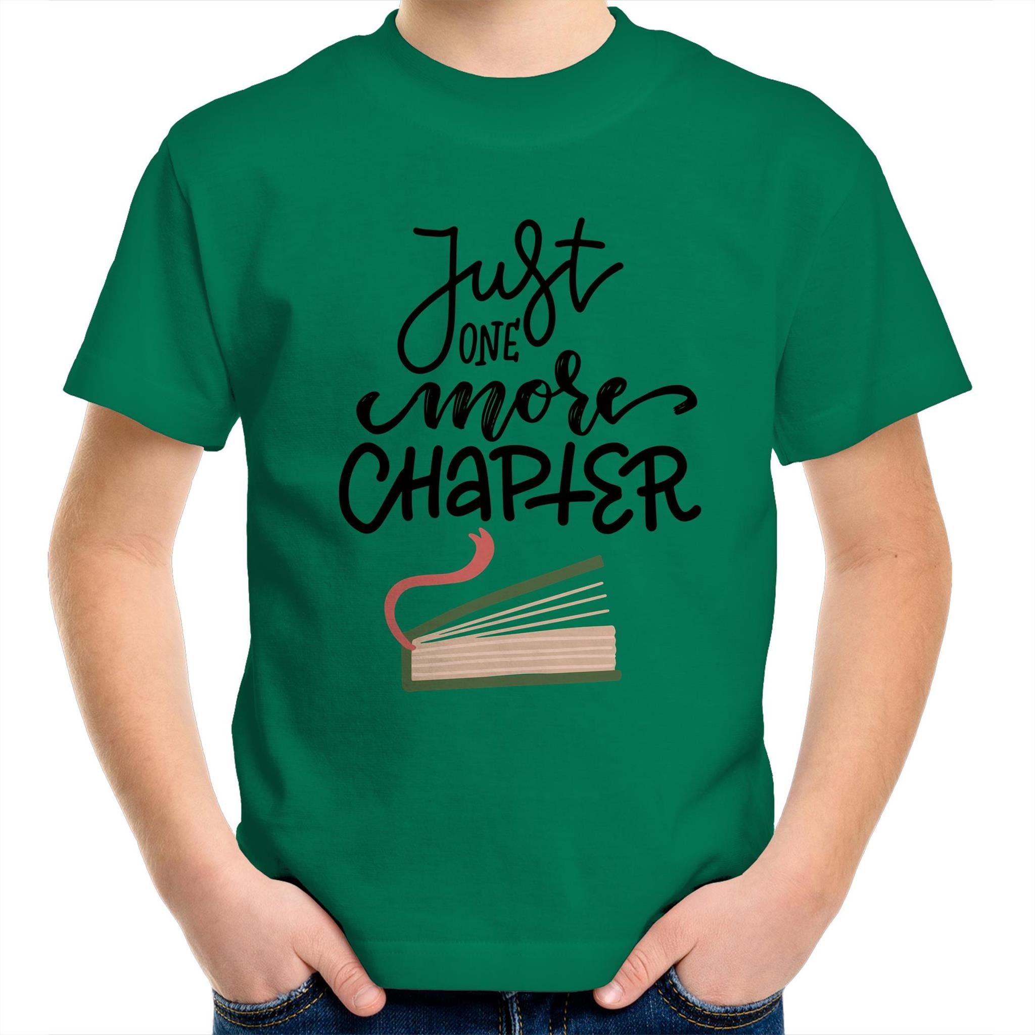 Just One More Chapter - Kids Youth T-Shirt Kelly Green Kids Youth T-shirt Printed In Australia Reading