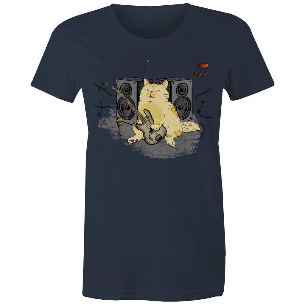 Cat Bass Player - Womens T-shirt Navy Womens T-shirt animal Music Printed In Australia