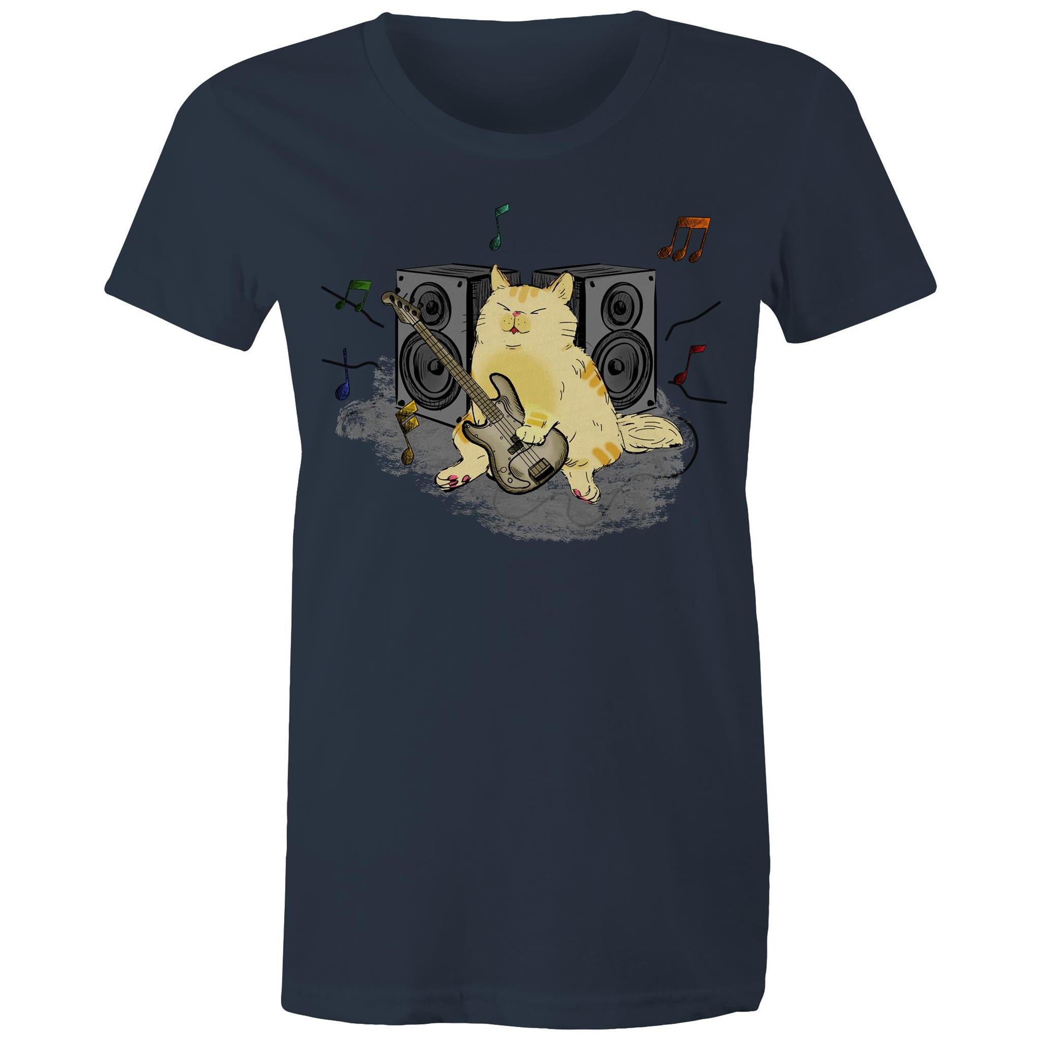 Cat Bass Player - Womens T-shirt Navy Womens T-shirt animal Music Printed In Australia