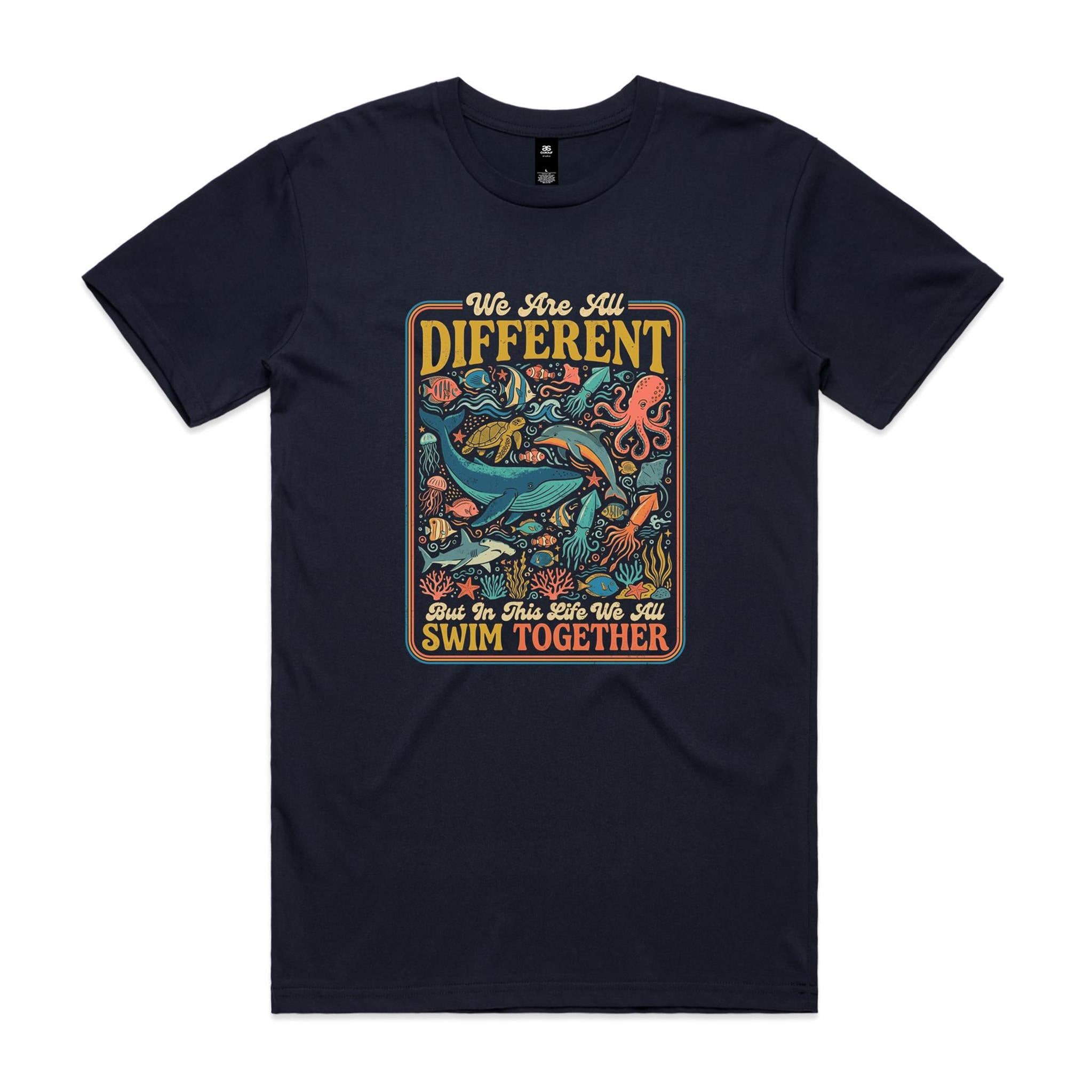 We Are All Different, But We All Swim Together - Men's AS Colour T-shirt Navy Mens T-shirt animal Ocean Positivity Printed In Australia