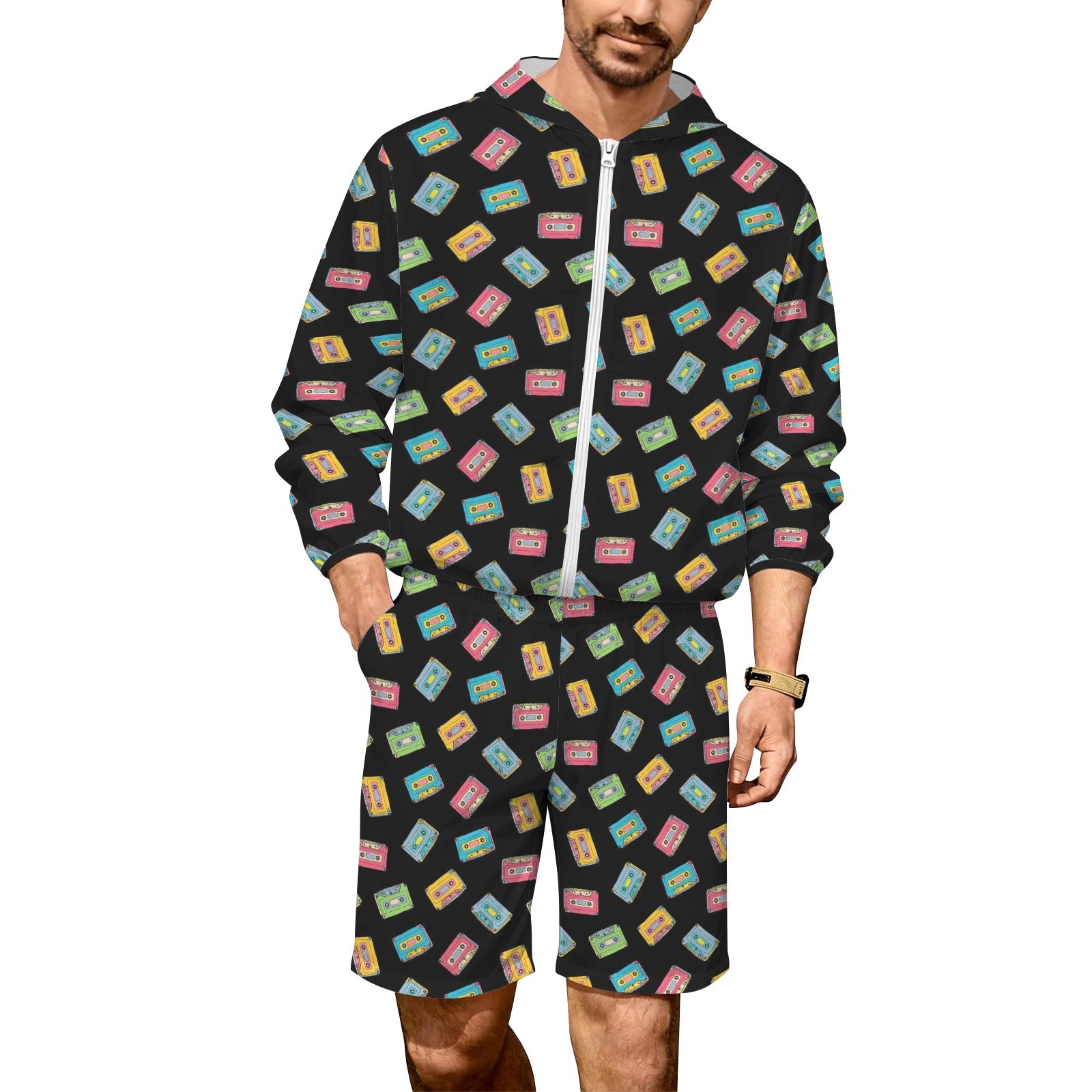 Colourful Cassettes Men's Lightweight Sun Hoodie & Shorts Set 4XL Men's Lightweight Sun Hoodie & Shorts Music Printed Offshore Retro