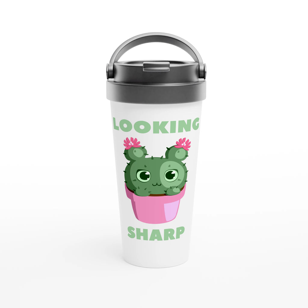 Looking Sharp - White 15oz Stainless Steel Travel Mug Default Title Travel Mug black lid cacti cactus coffee cute flower garden handle plant screw on lid spill proof to go