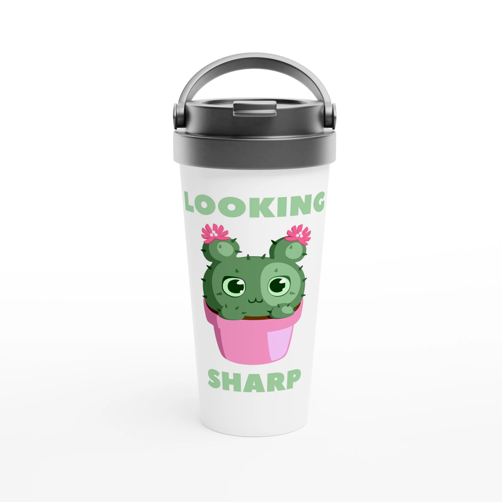 Looking Sharp - White 15oz Stainless Steel Travel Mug Default Title Travel Mug black lid cacti cactus coffee cute flower garden handle plant screw on lid spill proof to go