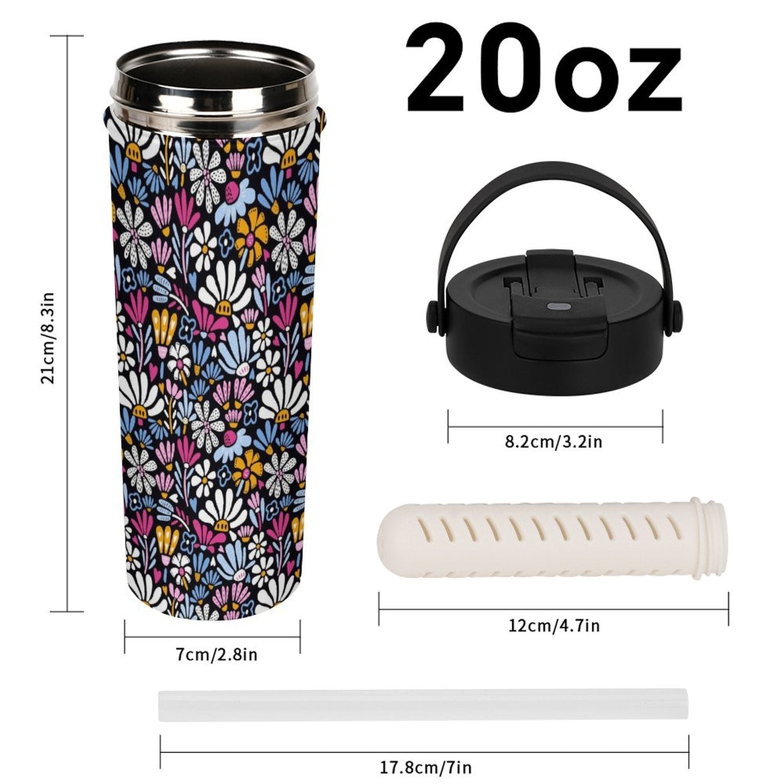 Graphic Flowers On Black 20oz Tea Tumbler with Carry Handle