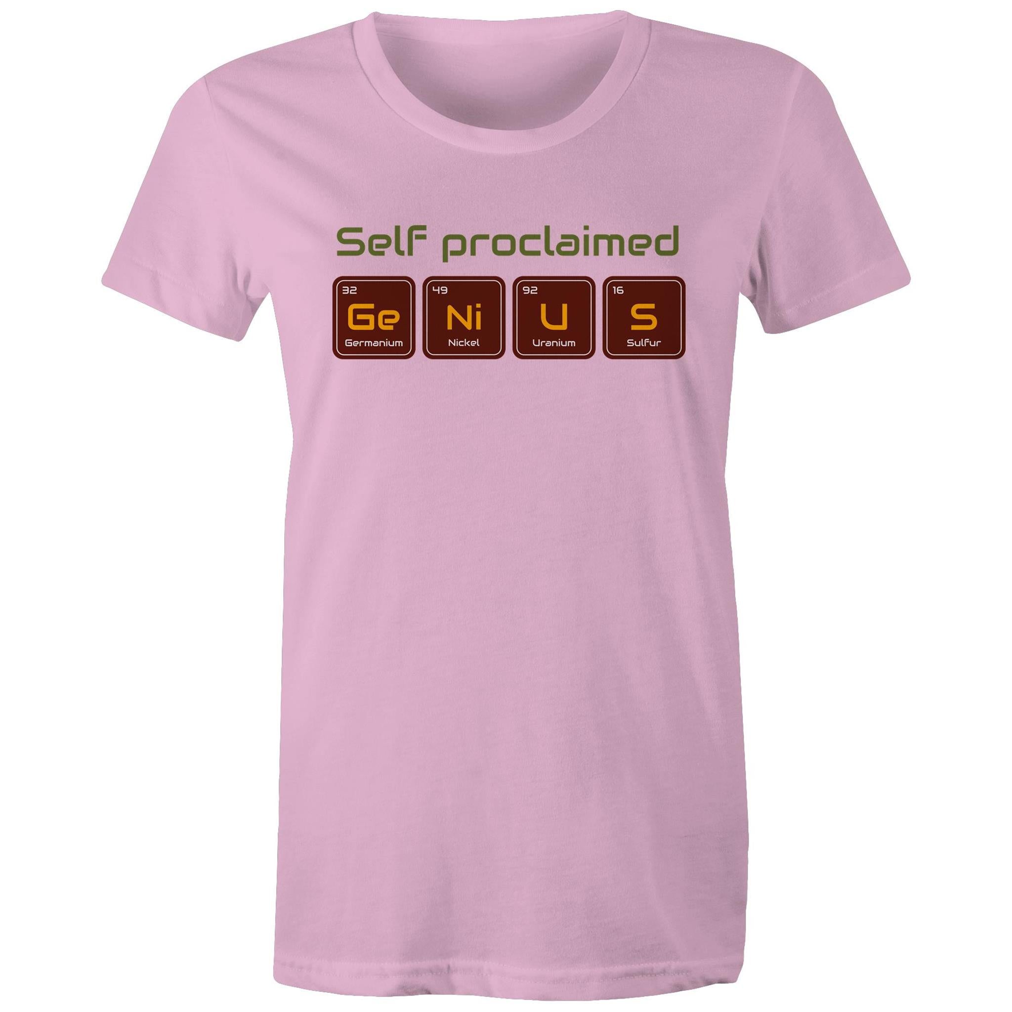 Self Proclaimed Genius, Periodic Table - Womens T-shirt Pink Womens T-shirt Printed In Australia Science