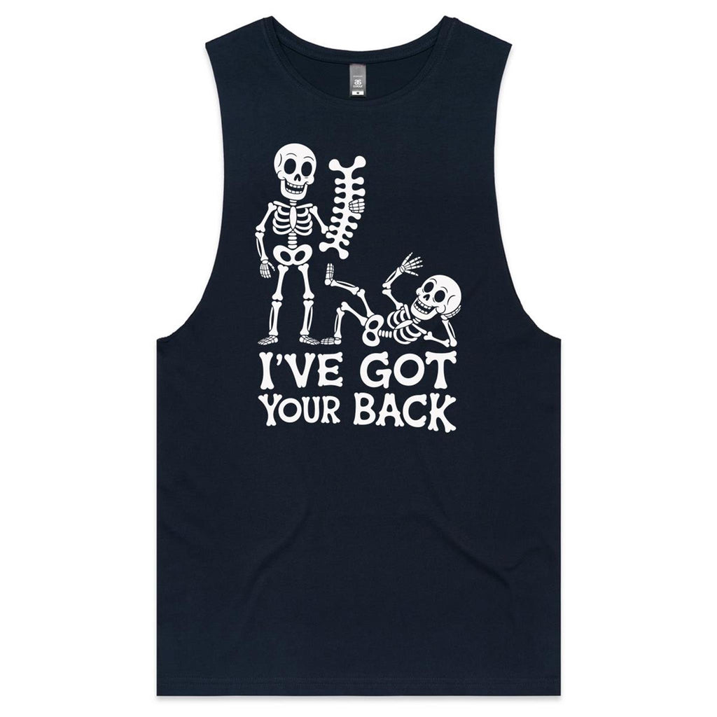Skeleton, I've Got Your Back Mens Men's AS Colour Drop Arm Tank Top Navy Drop Arm Tank Top Printed In Australia
