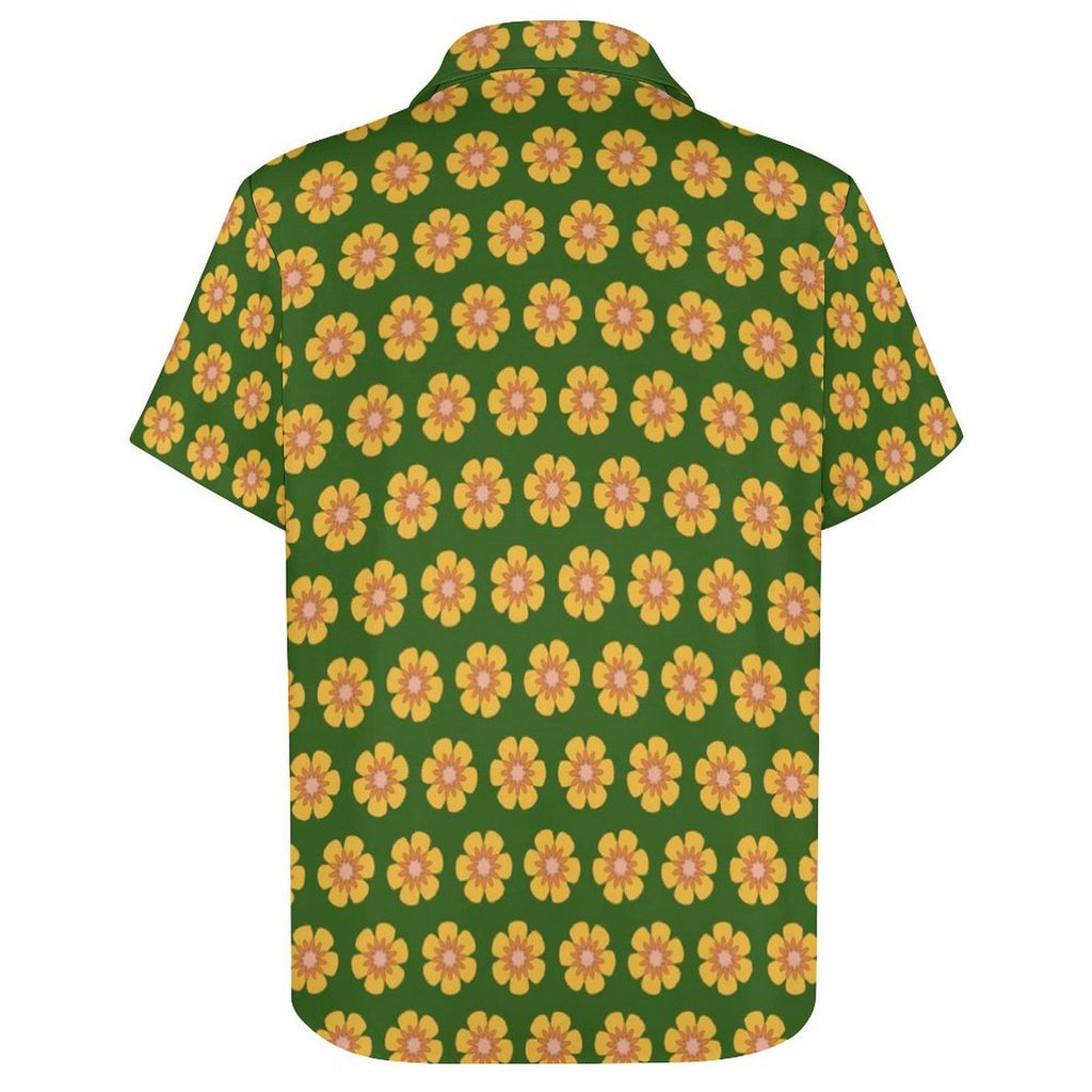Yellow Flowers On Green Women's Collared Pocketless Short Sleeve Shirt