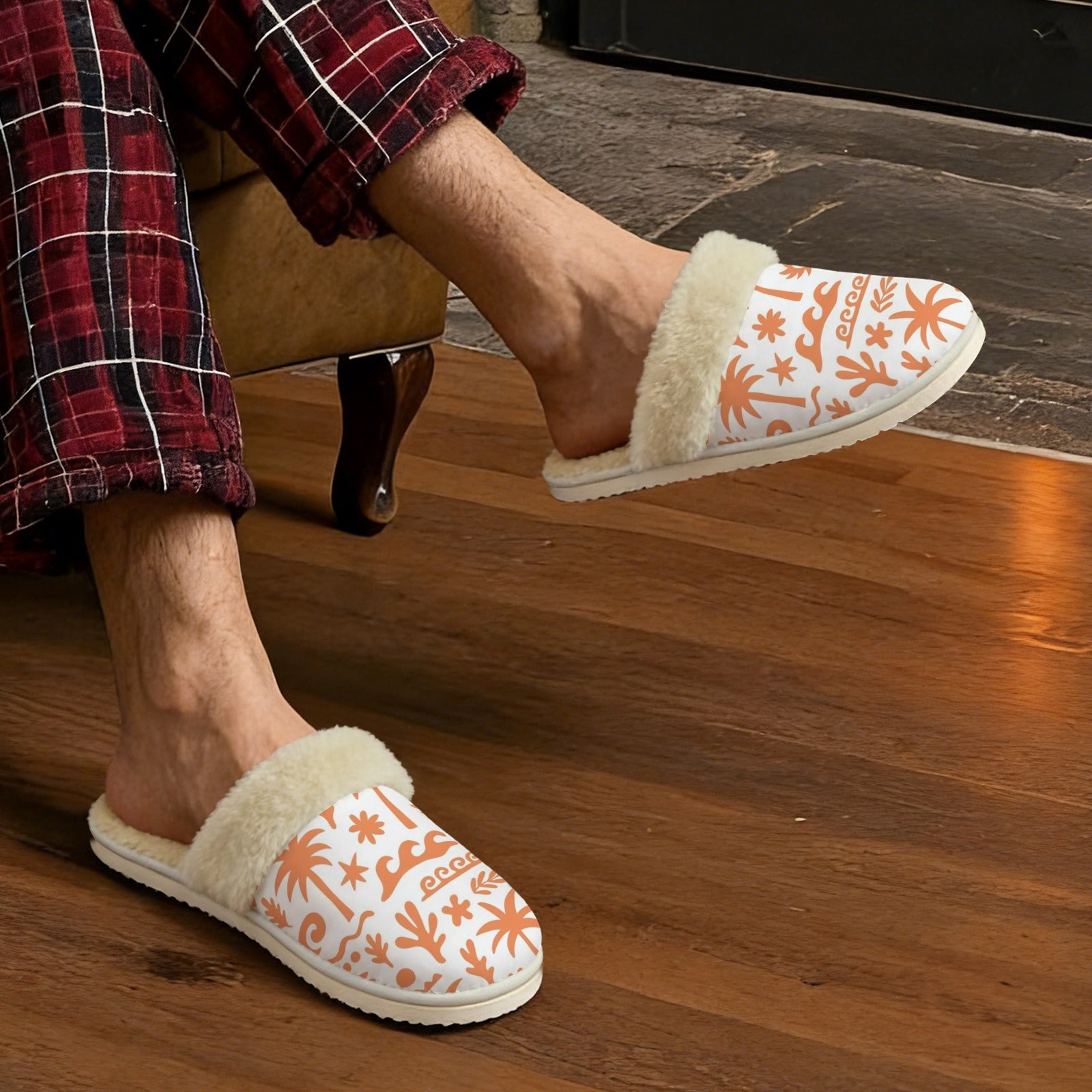 Orange Surf Men's Fur Trim Thick-Sole Indoor Slippers Men's Fur Trimmed Slippers Printed Offshore Surf