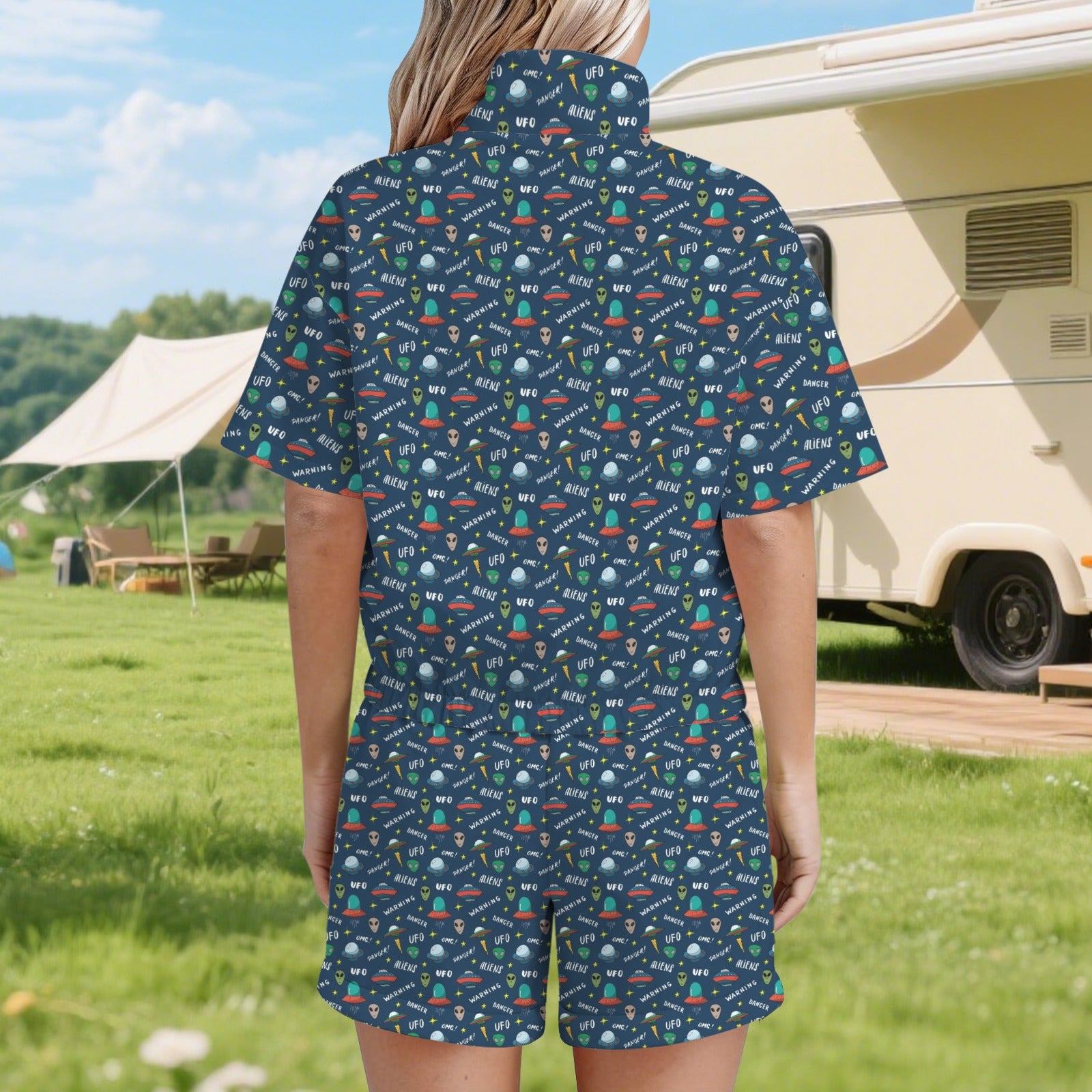 UFO's And Aliens Women's Windbreaker Short Set Women's Windbreaker Short Set Printed Offshore Sci Fi