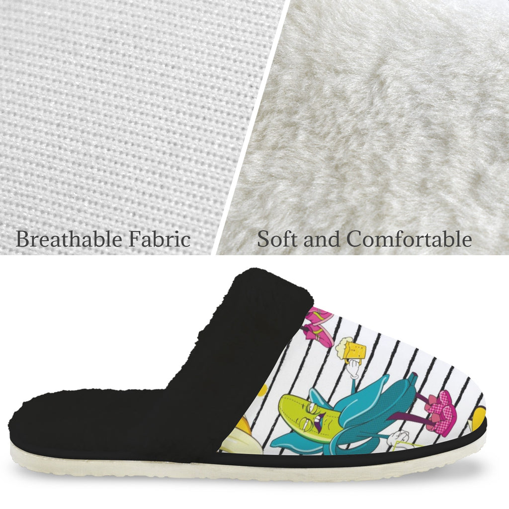 Ugly Bananas Women's Fur Trim Thick-Sole Indoor Slippers Women's Fur Trimmed Slippers Food Printed Offshore