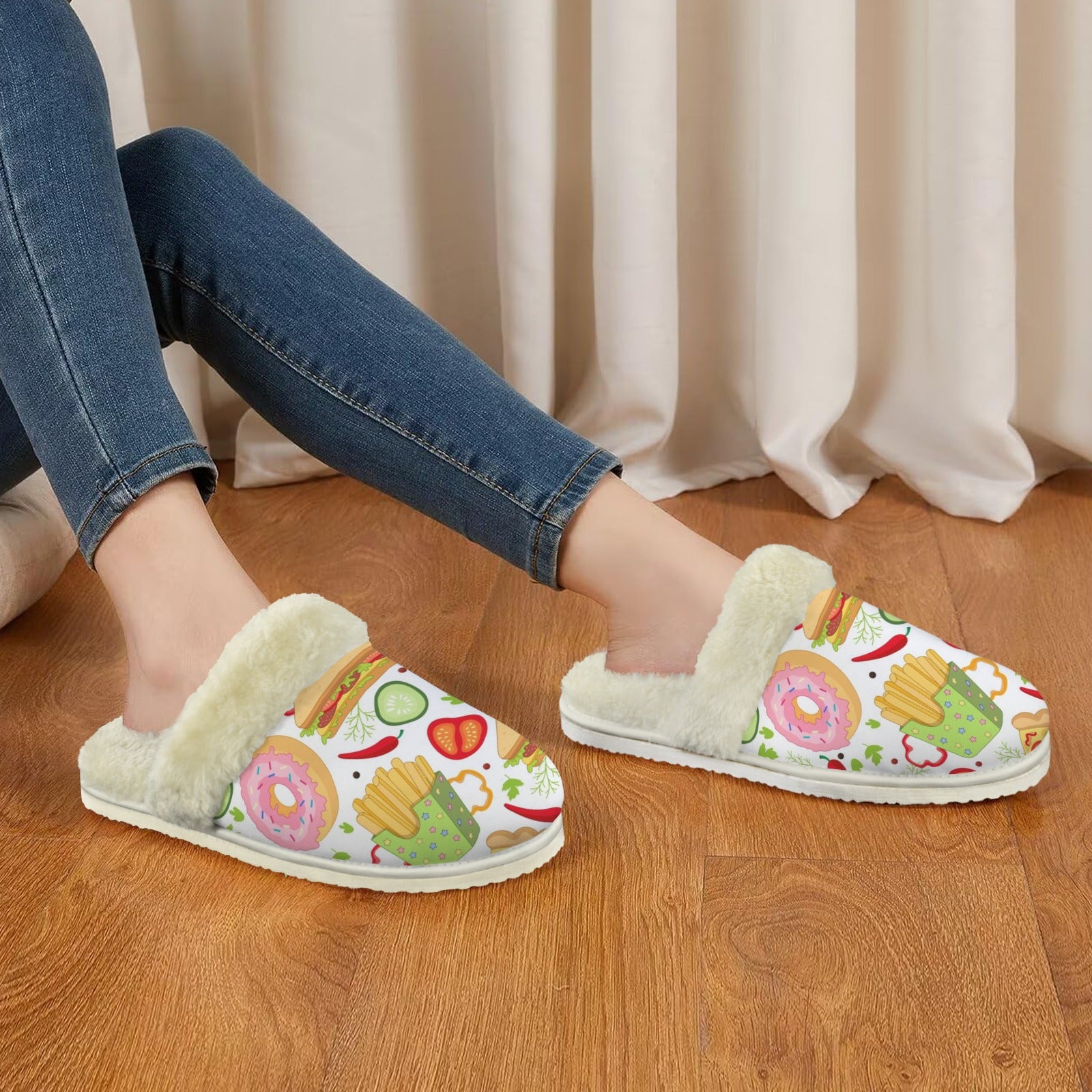 Food Love Women's Fur Trim Thick-Sole Indoor Slippers Women's Fur Trimmed Slippers Food Printed Offshore
