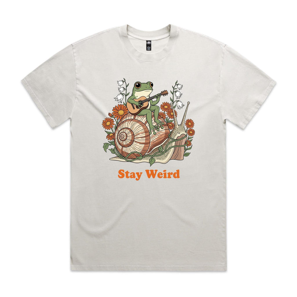 Stay Weird, Guitar Playing Frog On A Snail AS Colour Heavy Faded Tee Unisex Faded bone Heavy Faded T-shirt animal Music Printed In Australia